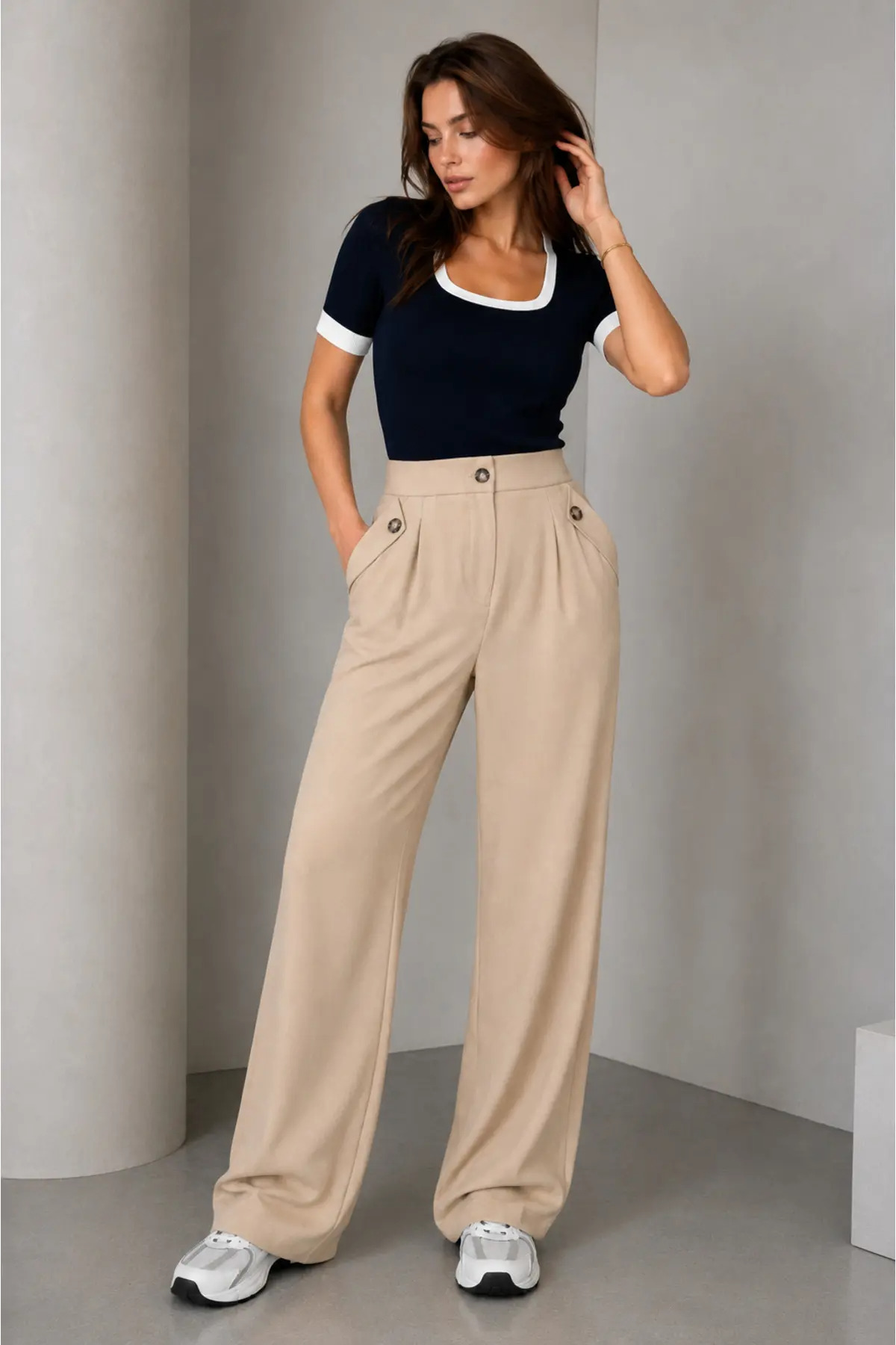 Morena Modern Women's High Waist Lycra Wide Leg Buttoned Pocket Detailed Palazzo Trousers