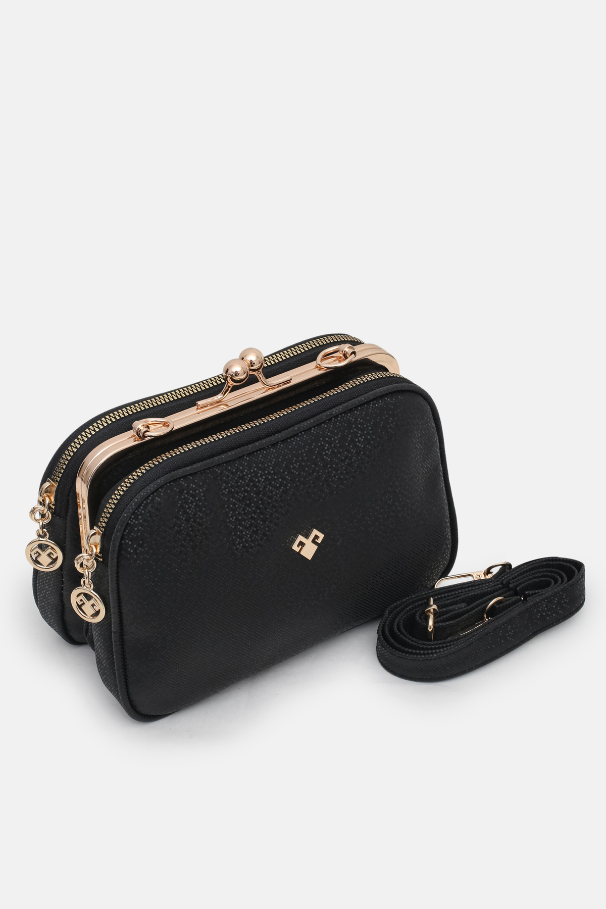 Women's Black Pattern Clip-on 4 Compartment Lined Soft Leather Hand, Shoulder and Crossbody Bag