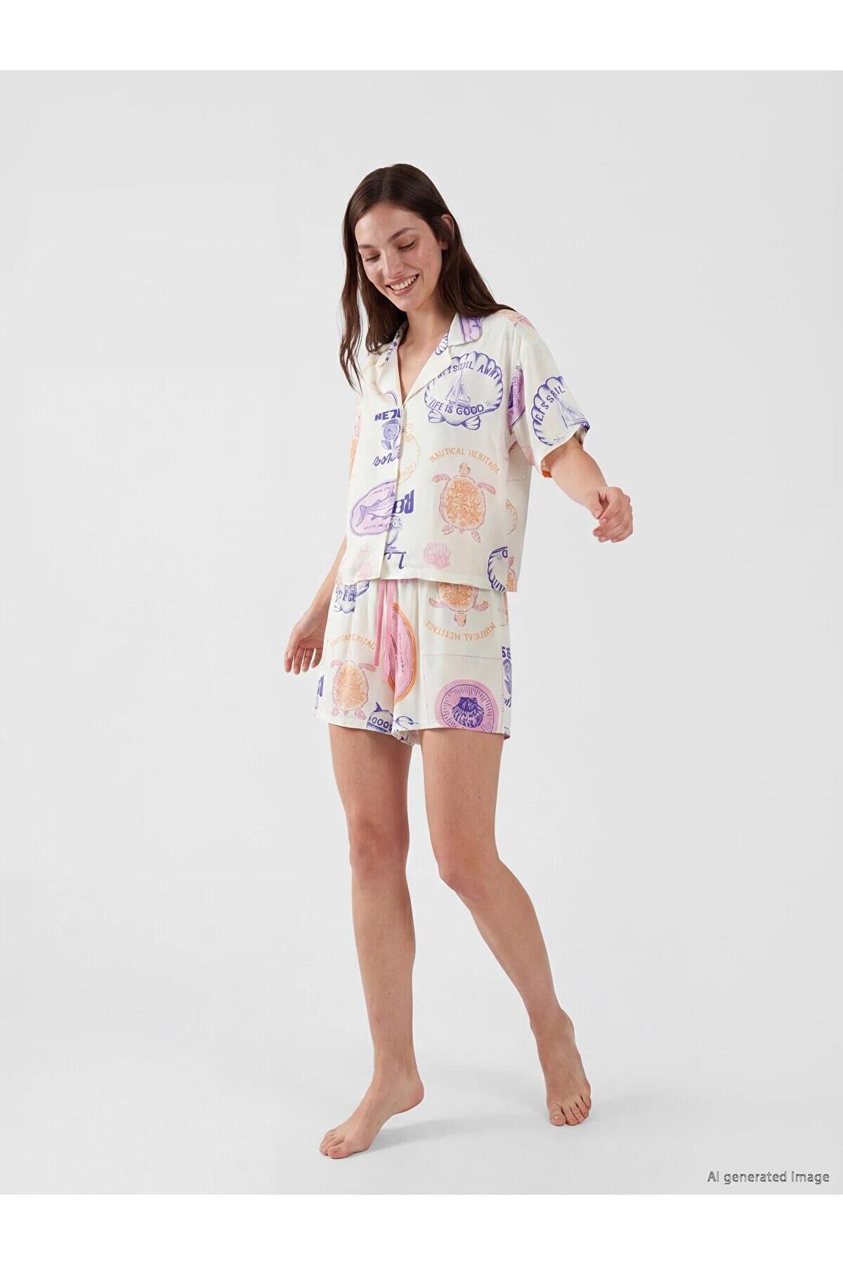 LC Waikiki Shirt Collar Patterned Women's Shorts Pajama Set (S6)