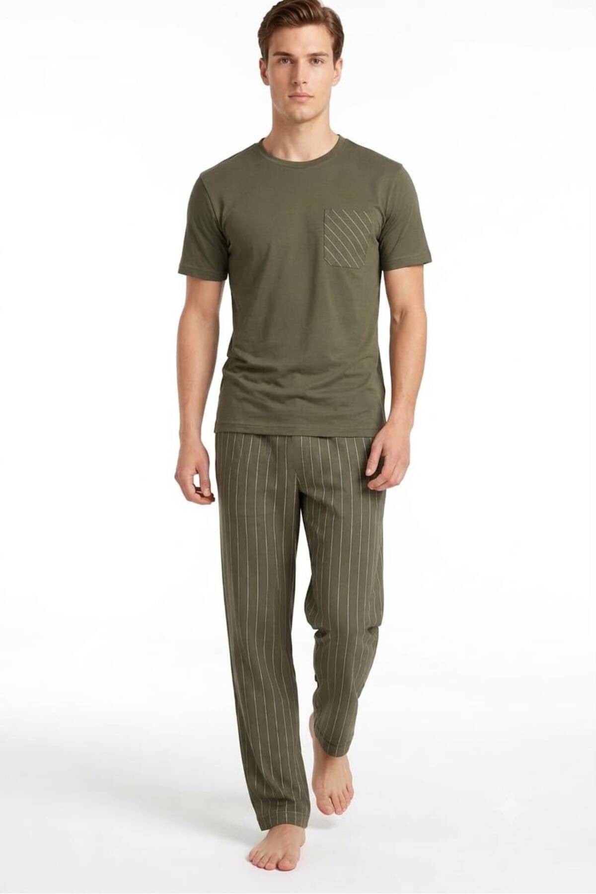 Sude HOMEWEAR Erkek Kısa Kol Yeşil Renk Çizgili Cepli Pijama Takımı görsel 2