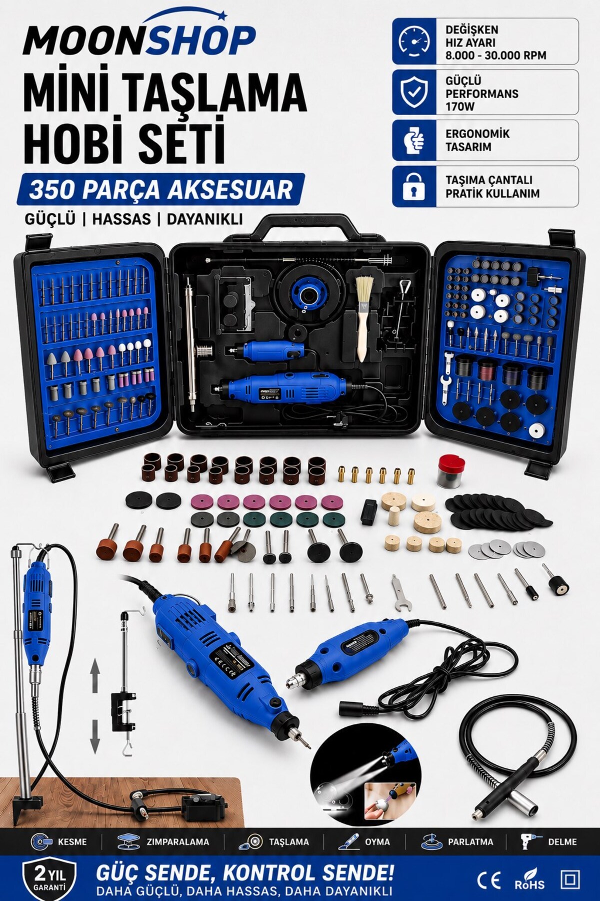 MOONSHOP Mini Taşlama Hobi Seti 350 Parça Aksesuar Gravür Oyma