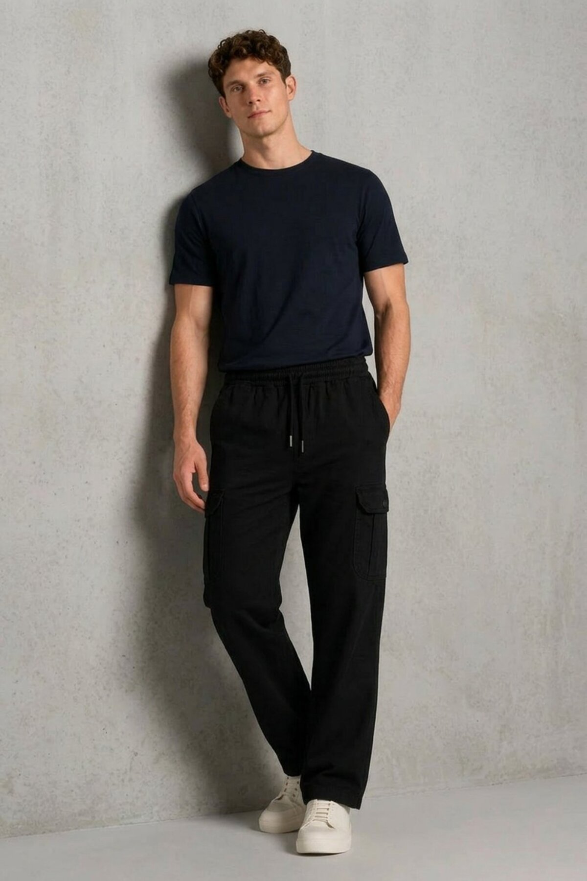 DAMGA JEANS Erkek Beli Lastikli Siyah Kargo Keten Pantolon görsel 3