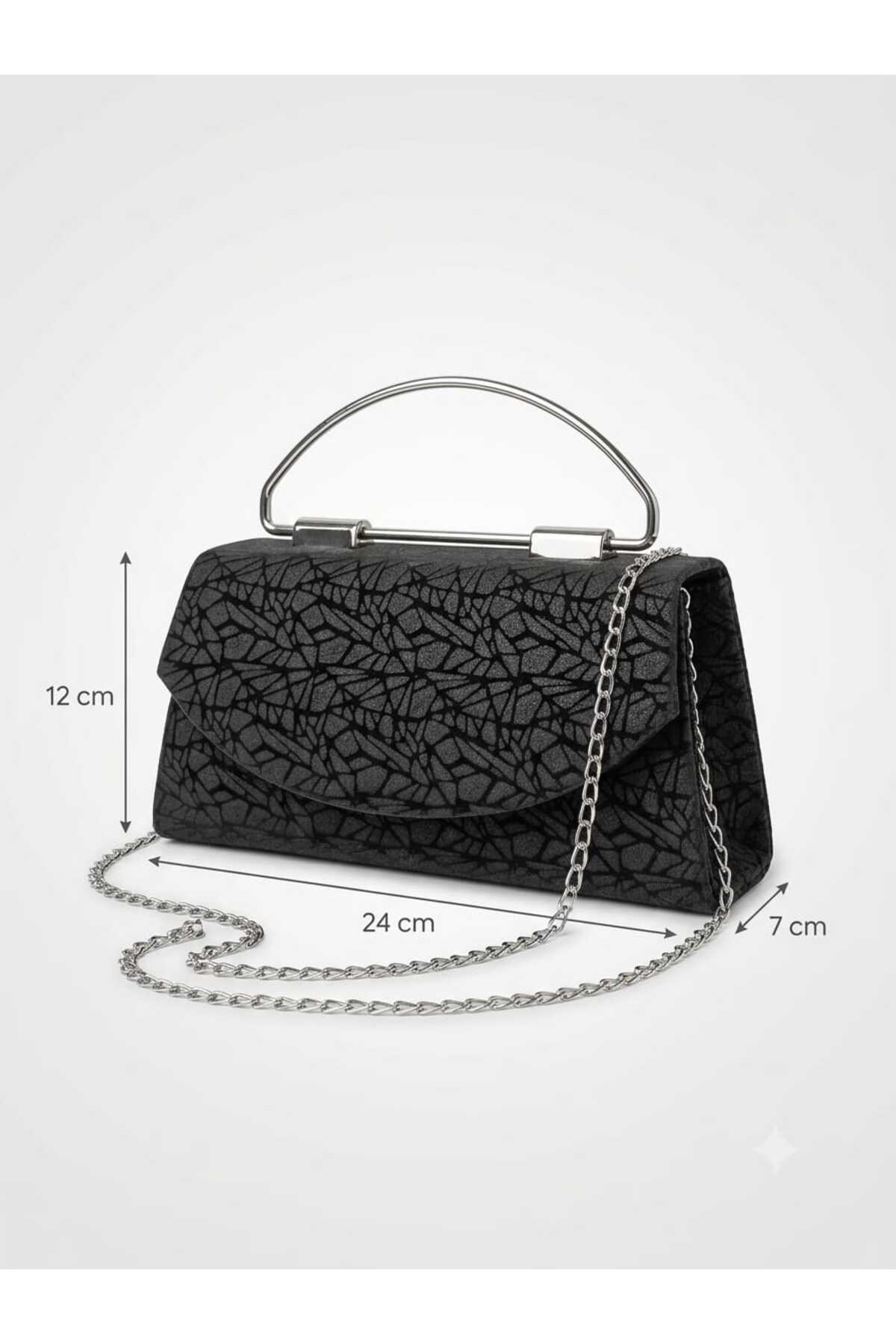 ZİVORA Kadın Simli Abiye Çanta Kırık Cam Desenli Zincir Askılı Portföy Clutch El ve Omuz Çantası 24x12x7 cm görsel 2