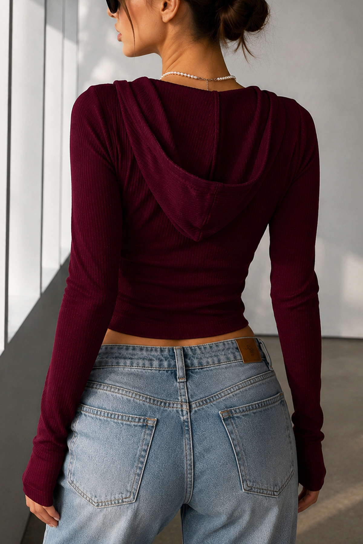 İlayda Toprak Rolly Bordo Fitilli Kumaş Likralı Fermuarlı Slim Fit Kapüşonlu Soft Esnek Uzun Kollu Bluz görsel 7
