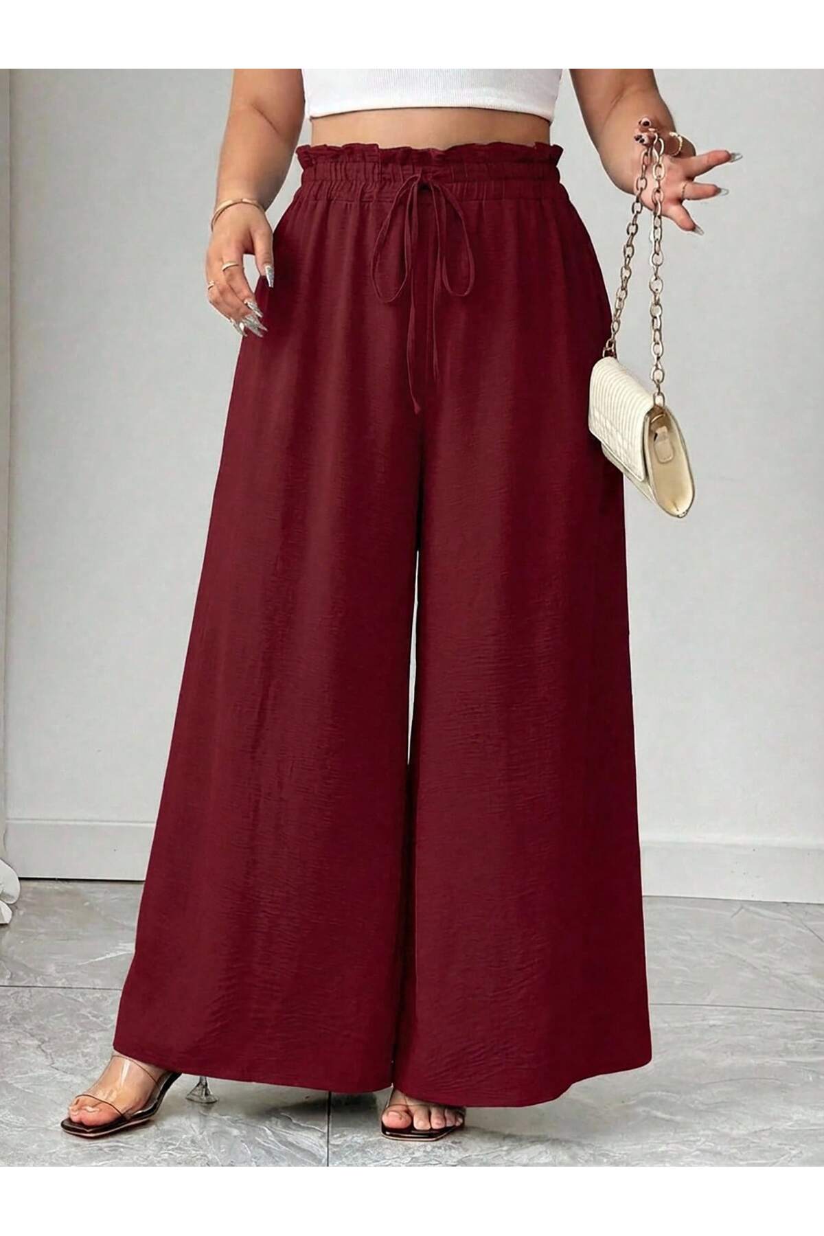 tuzu moda Büyük Beden Pantolon Bol Paça Büyük Beden Beli Lastikli Pantolon
