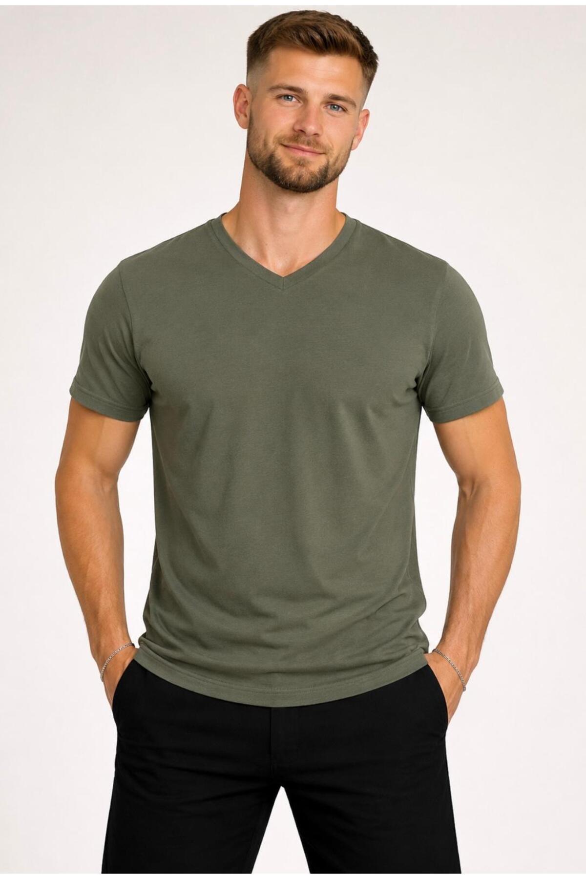 Men's Khaki Cotton V-Neck Short Sleeve T-shirt-d804