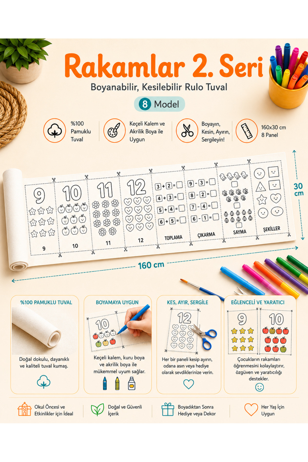 Boyanabilir Kesilebilir Rulo Tuval Rakamlar 2 Seri 8 Model Matematik Boyama Seti 160x30 cm