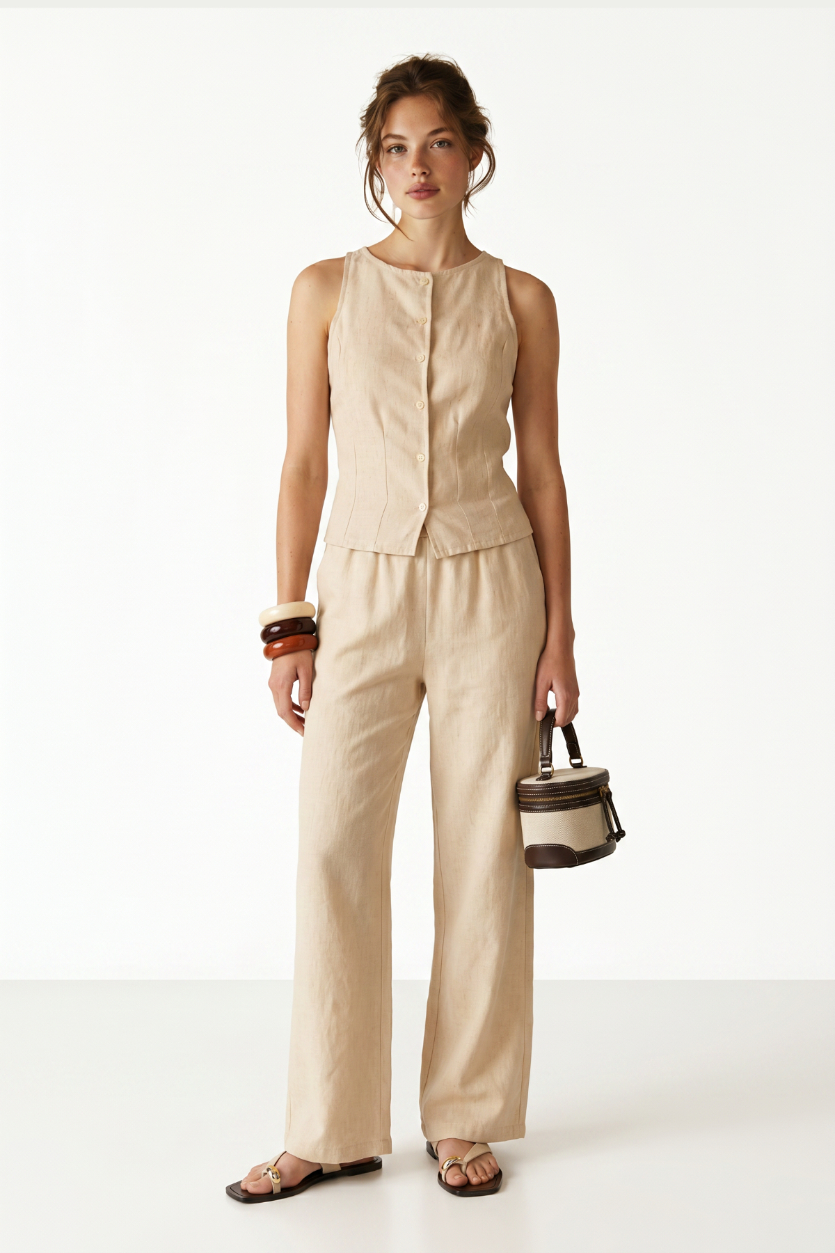 Linen Look Vest Pants Set LAZ0010 CREAM