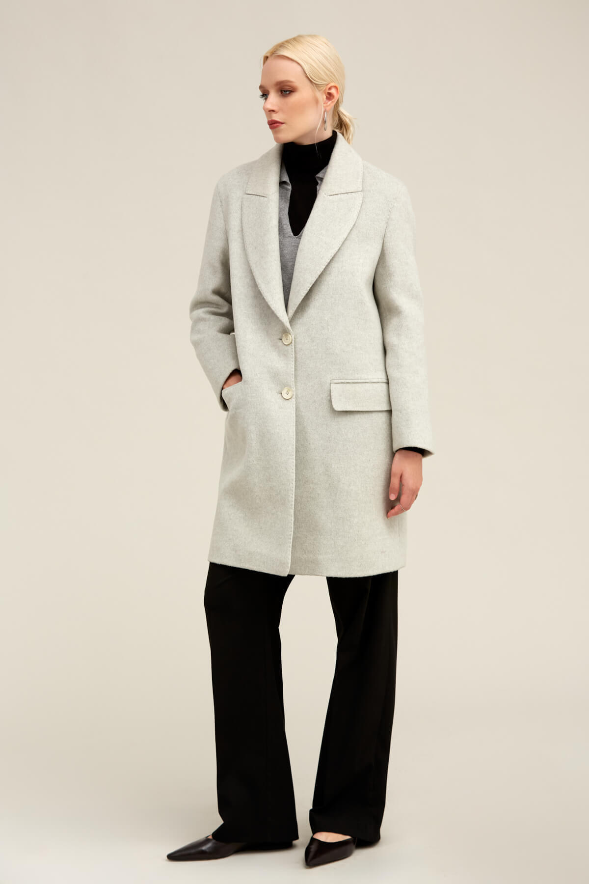 Hatemoğlu Gri Regular Fit Ceket Yaka Kaşe Oversize Manto görsel 2