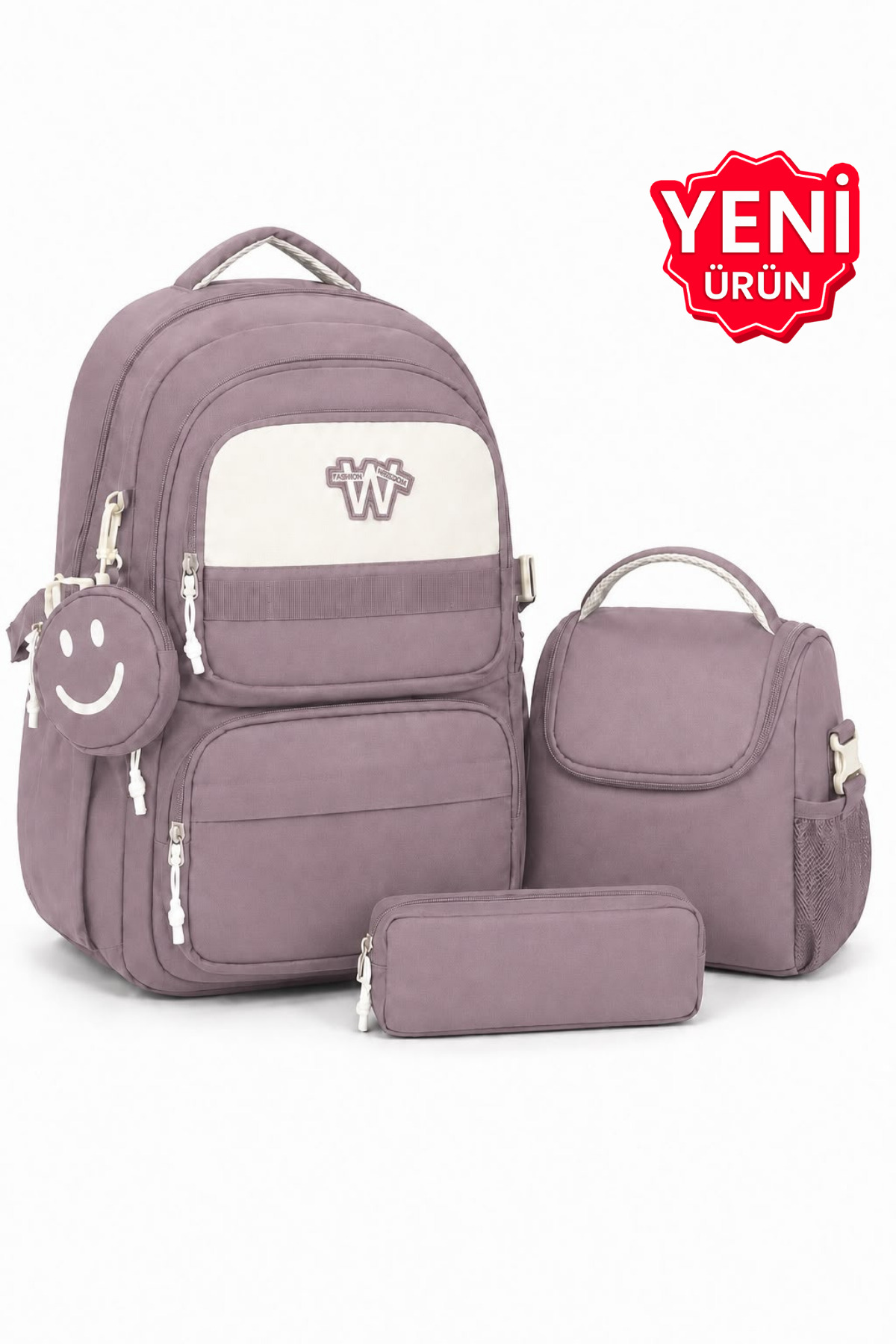 Çanta Trend 4-Piece Satin Fabric Waterproof Primary School Bag Set with Lunch Bag, Pen Holder and Accessory Bag