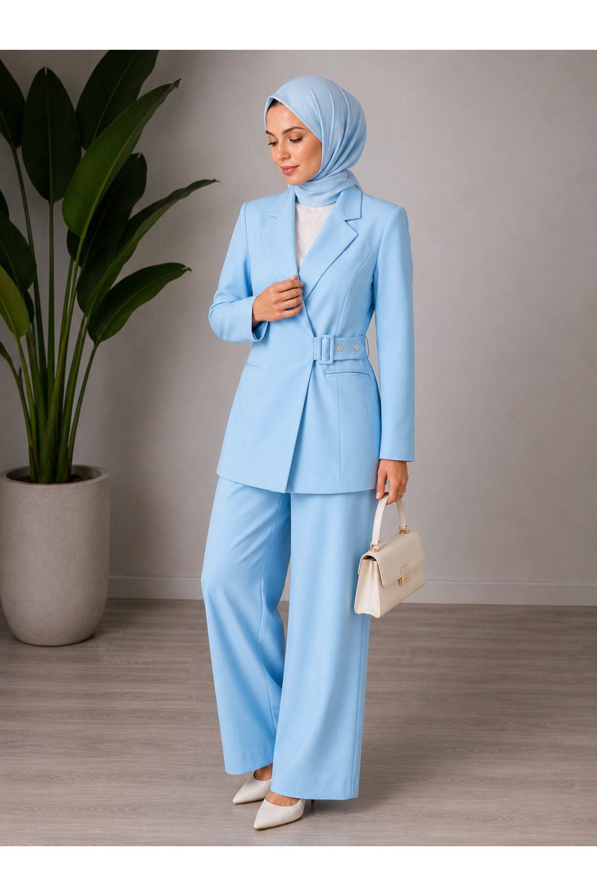 Afri Baby Blue Women's Belted Blazer Jacket and Palazzo Trousers Two-Piece Set – Suitable for Daily Use