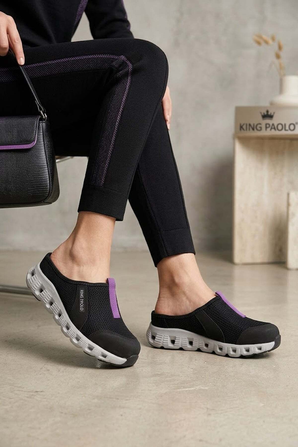 KİNG PAOLO H5204 Missy Kadın Memory Foam Sabo Terlik Siyah - Mor görsel 2