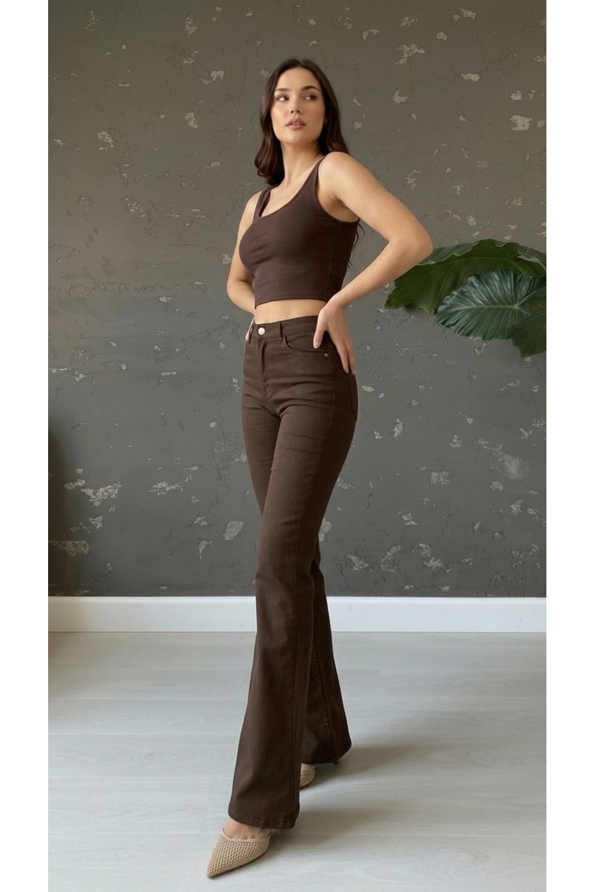 geenz manifacture Acı Kahve Kadın Miya Ispanyol Paça Likralı Kot Pantolon Yüksek Bel Jeans Toparlayıcı( Extra Rahat)