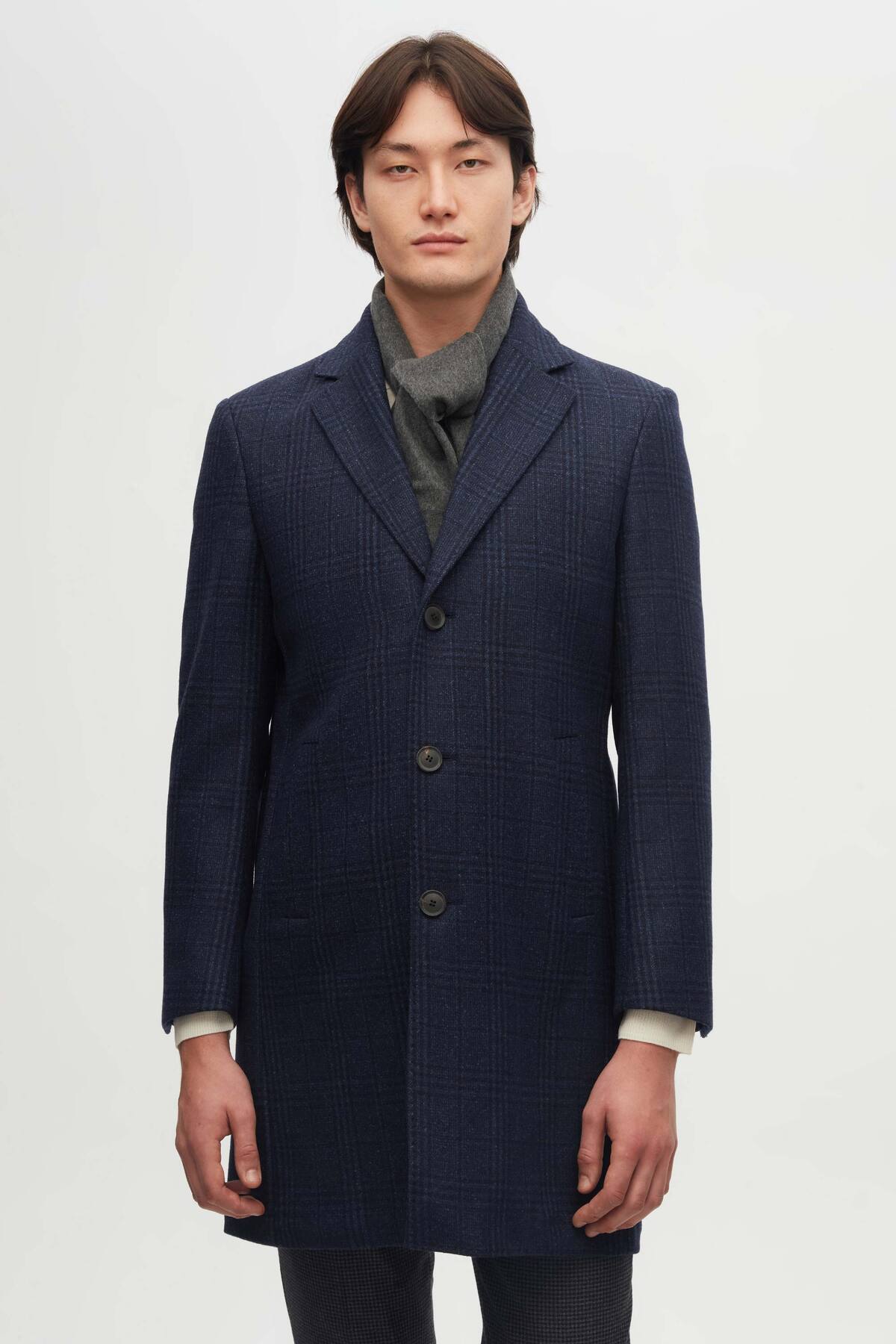 Damat Slim Fit Lacivert Ekose Yün Palto