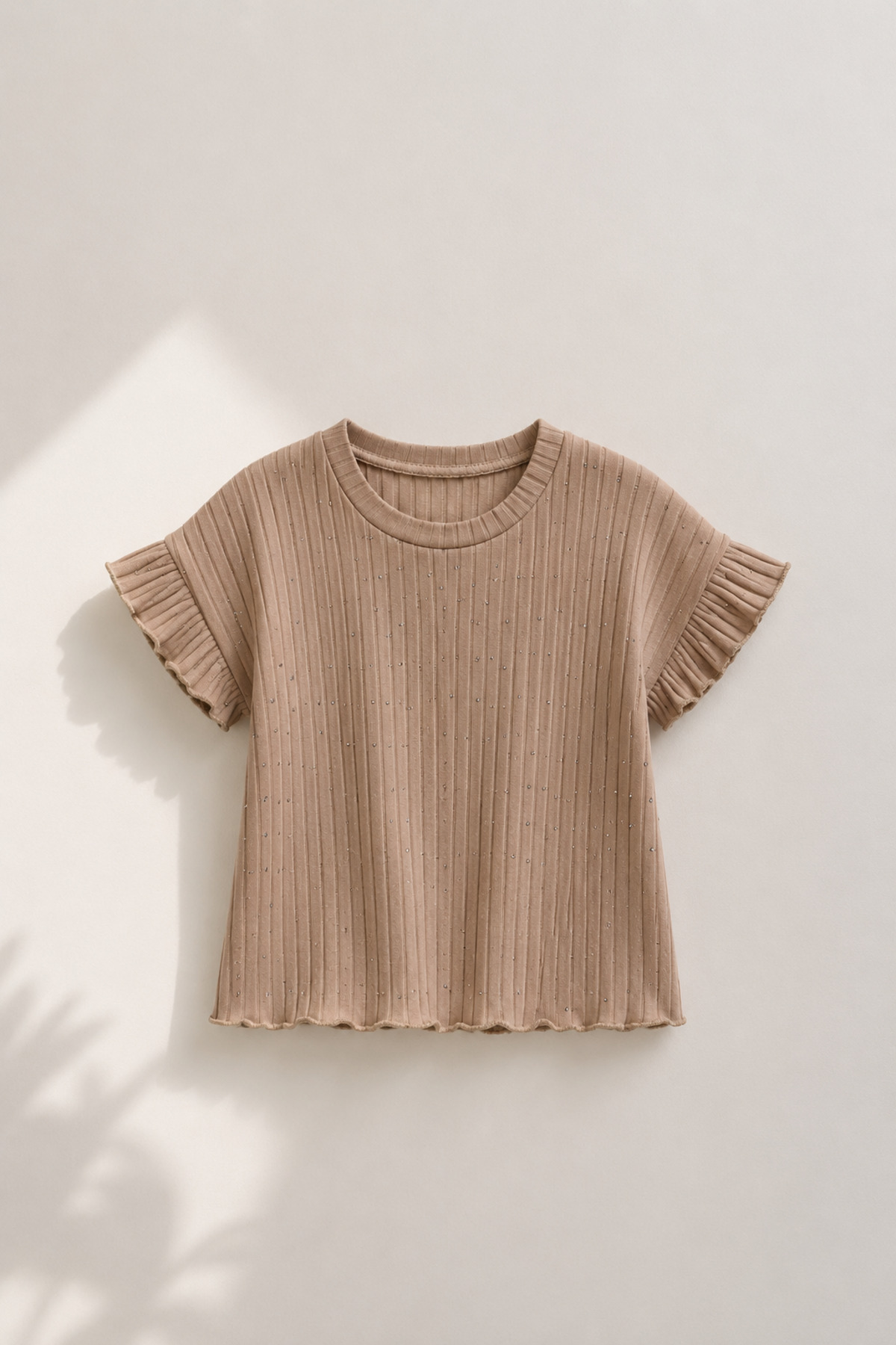 4-12 Years Ribbed Stone Detailed Shoulder Flywheel Sleeve Guipure Summer Short Sleeve Girls T-Shirt&Blouse