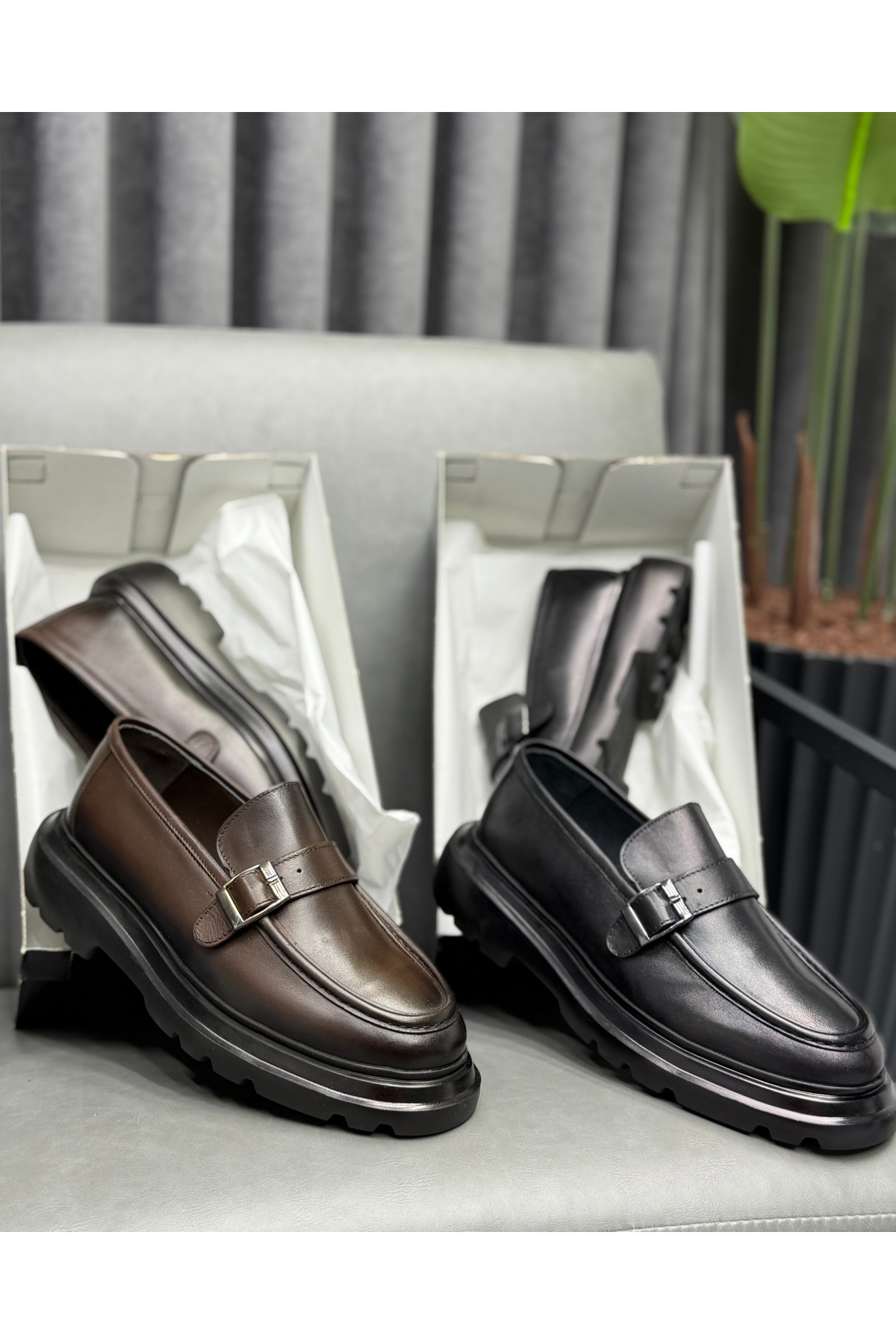 Avni Ceylan Erkek Hakiki Deri Metal Tokalı Kalın Taban Günlük & Klasik Loafer Ayakkabı, Siyah / Kahve görsel 4