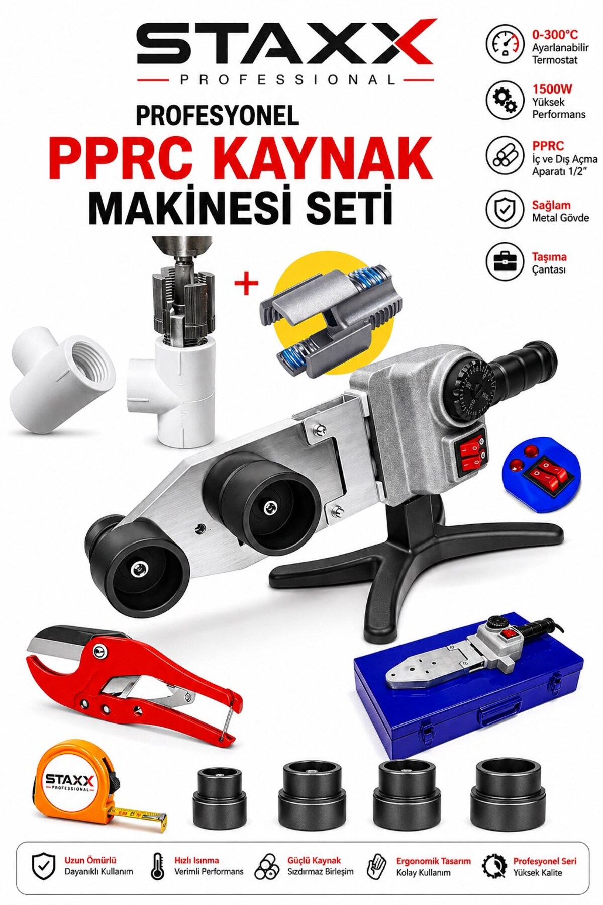 STAXX POWER 1500 W PPRC Plastik Boru Kaynak Makinesi Seti Çift Rezistans Isı Ayarlı Metal Çantalı 20-25-32-40 mm