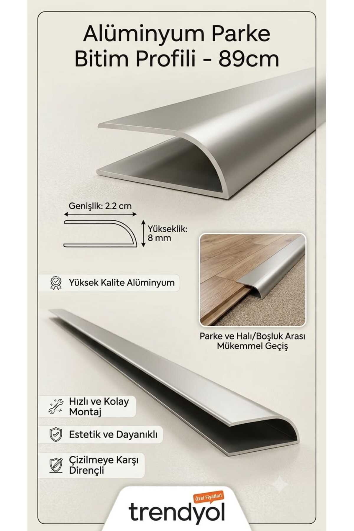 Zirve Alüminyum Alüminyum Oval U 8mm Parke Bitim Profili Çıtası