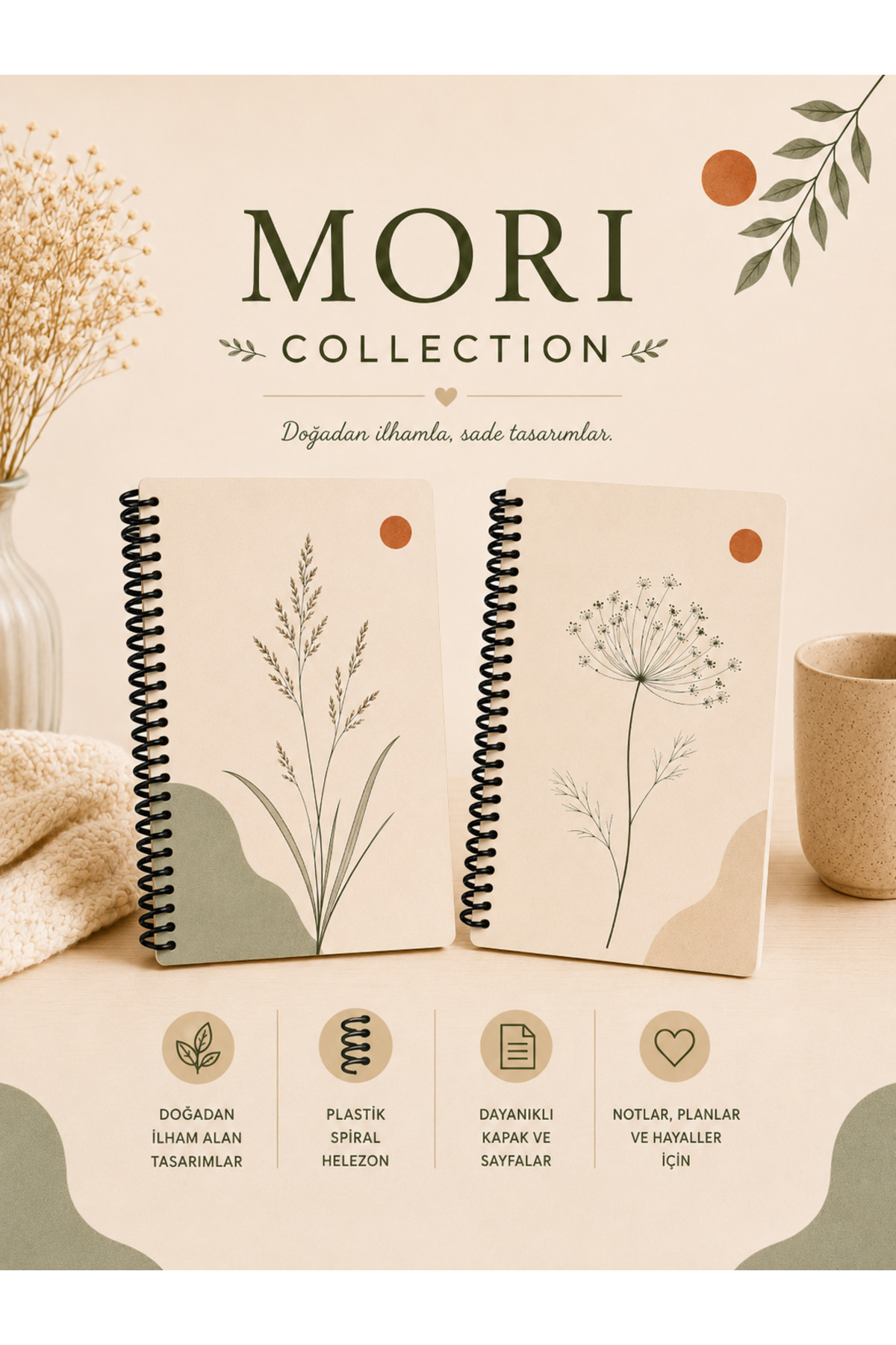zumio Mori Collection | A5 2'li Minimal Botanik Defter Serisi – Wild Grass & Bloom | 50 Yaprak |