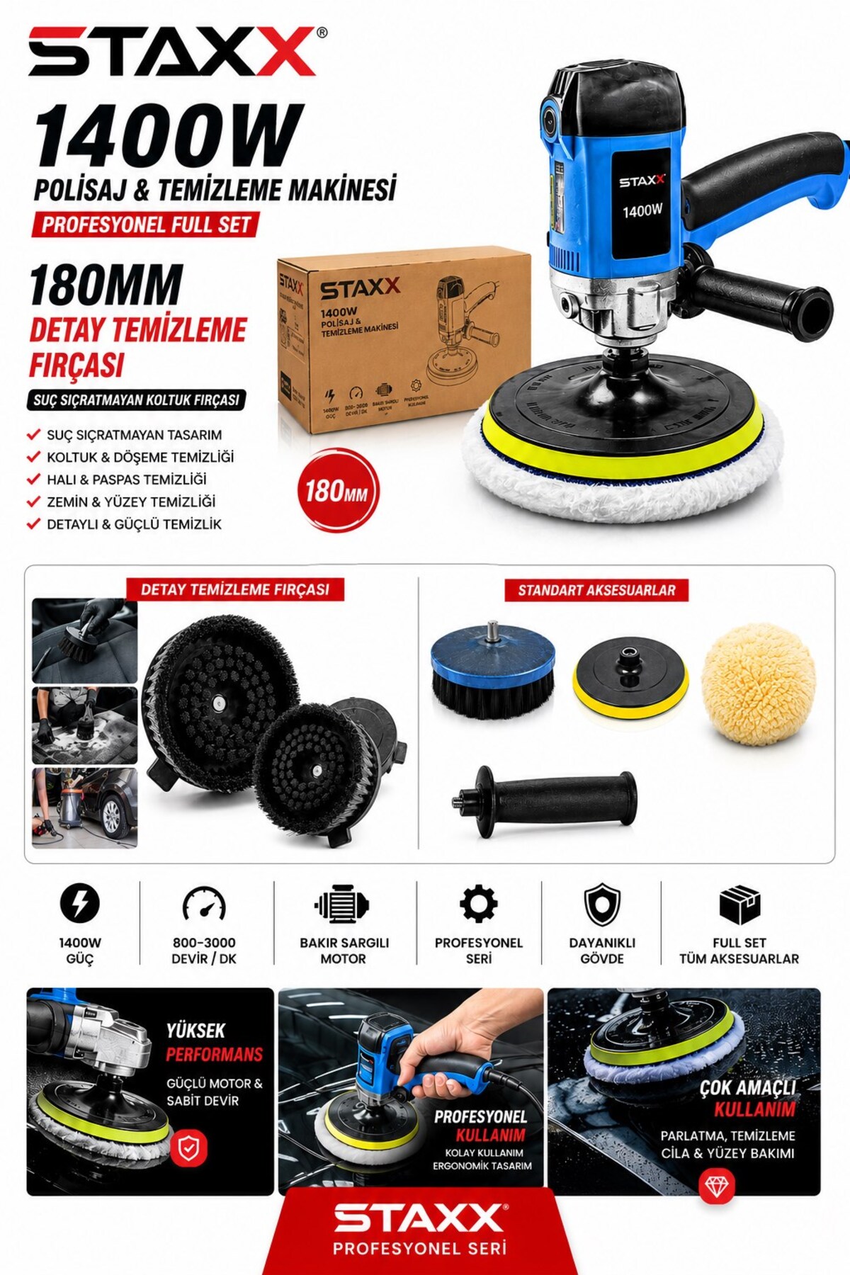 STAXX POWER 180 mm Koltuk Temizleme Polisaj Makinesi – Oto Kuaför Detay Temizlik Fırçası – Halı, Döşeme ve Paspas