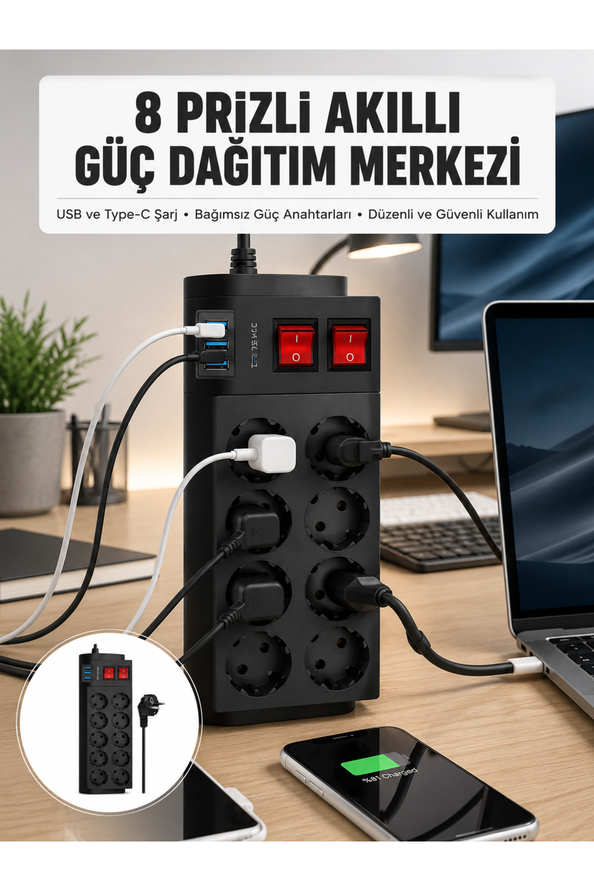 markentegra 2 Metre Güçlü Çoklu Priz 8 Soket Yeni Nesil