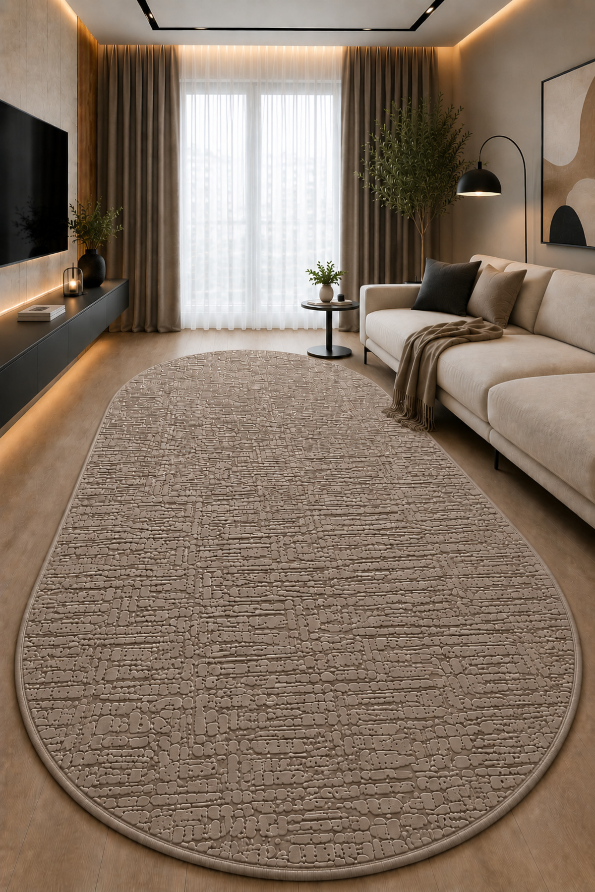 Relief Zeo Oval Cut Anti-Slip Floor Washable Living Room Corridor Kitchen Carpet Runner Rug Mink