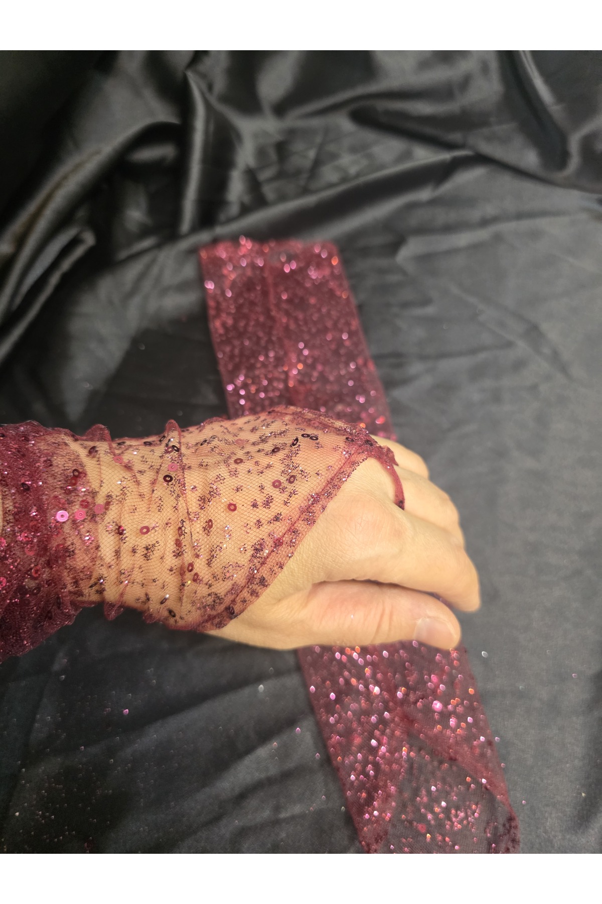 Qrsln Vespera ışıltılı payetli şahmaran eldiven bordo görsel 6