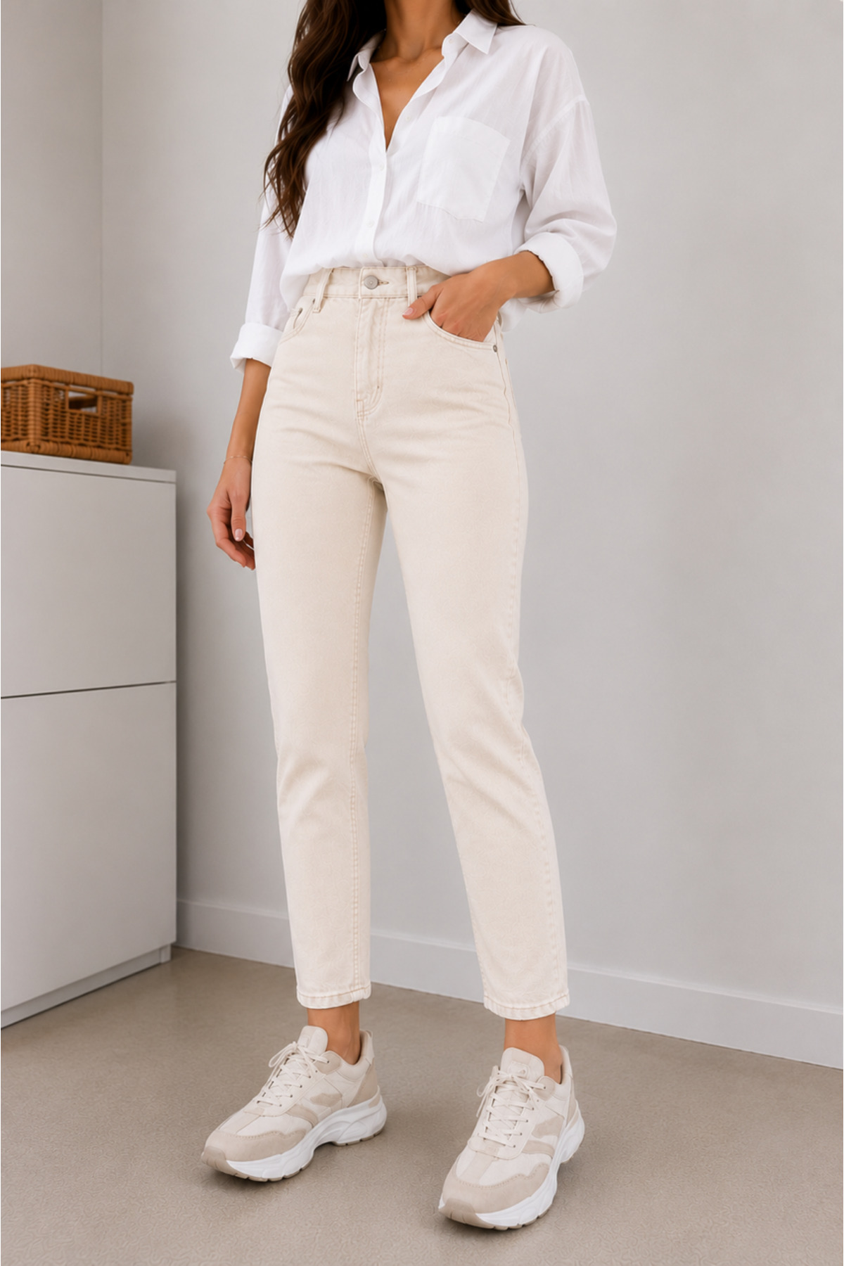DELDNM Alley Kadın Bej Yüksek Bel Likralı Trend Mom Jean görsel 5