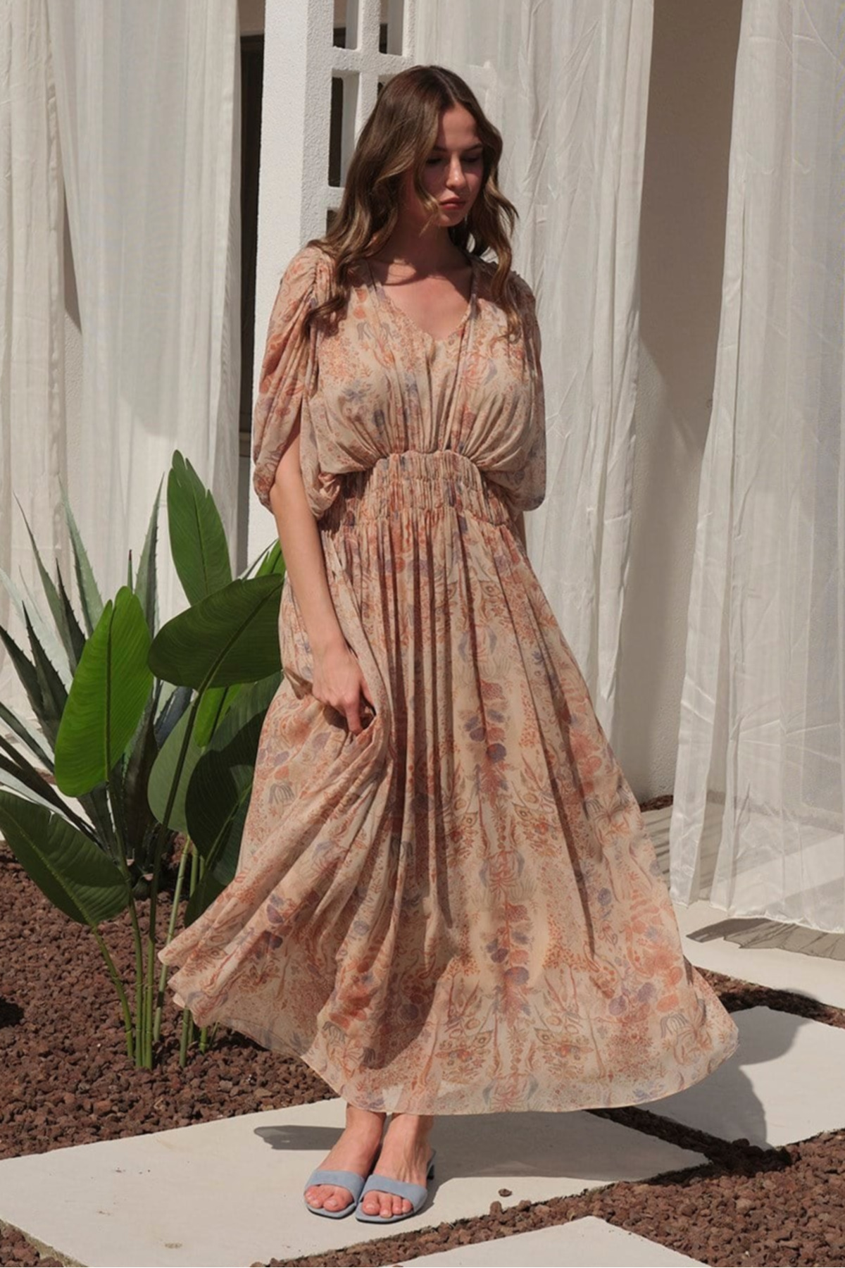 My Blog Brown Patterned Long Dress with Gipeli Waist - 3457