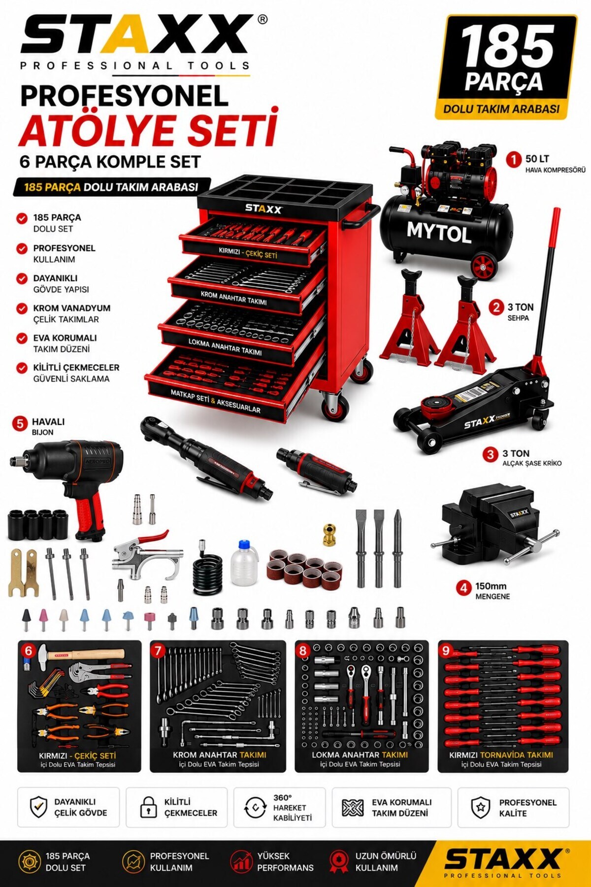 STAXX POWER 185Parça Dolu Takım Arabası 50 LT Kompresör 3Ton Kriko