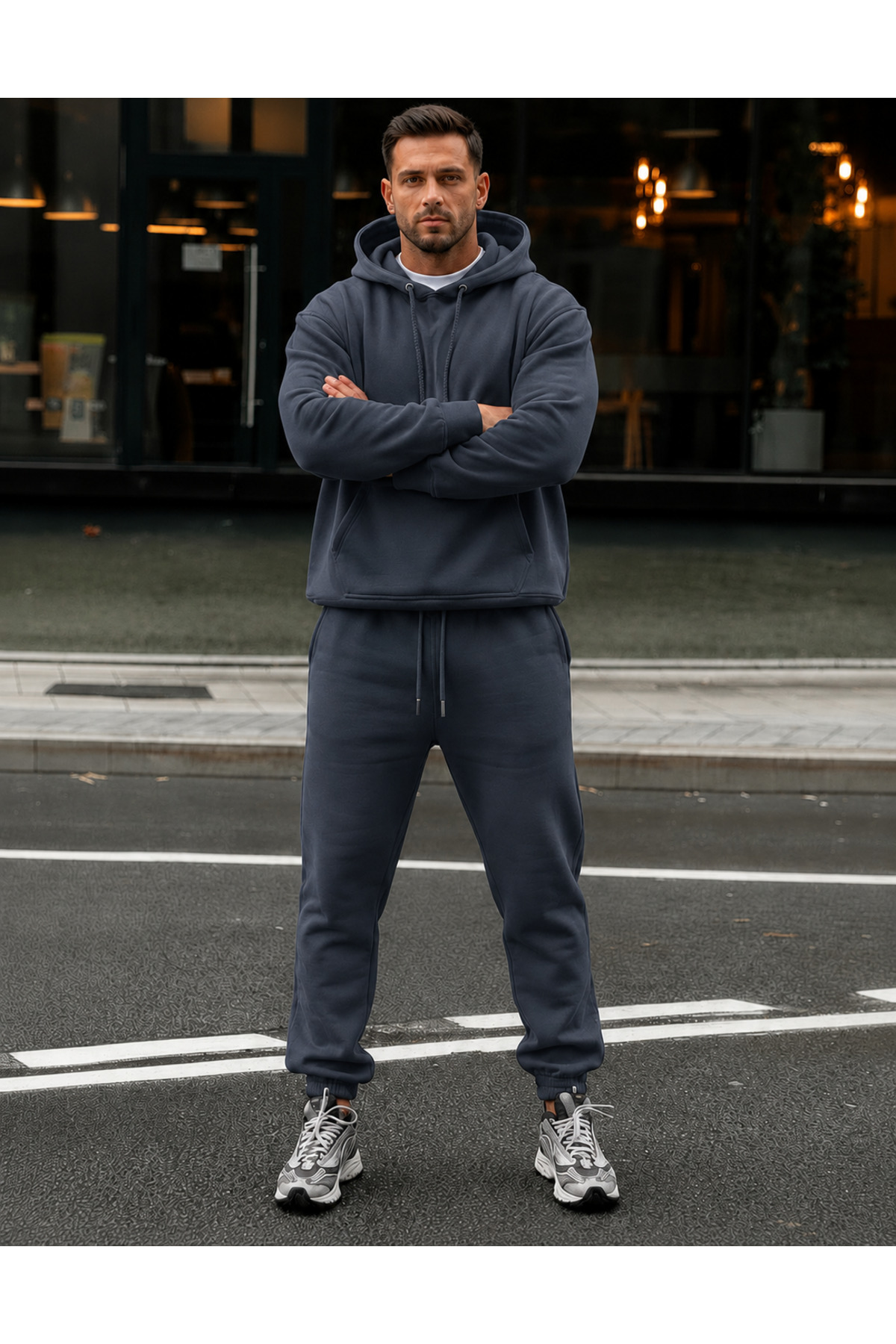 ERKEK 3 İPLİK KAPÜŞONLU JOGGER LASTİK PAÇA EŞOFMAN TAKIMI — خاکستری TYETK3I045 — تصویر 3 از 4