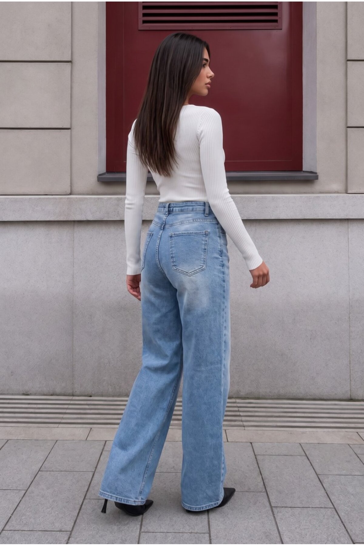 mavi efektli Soluk Efekt Vintage Yüksek Bel Wide Leg Geniş Paça with Lycra Jeans 4