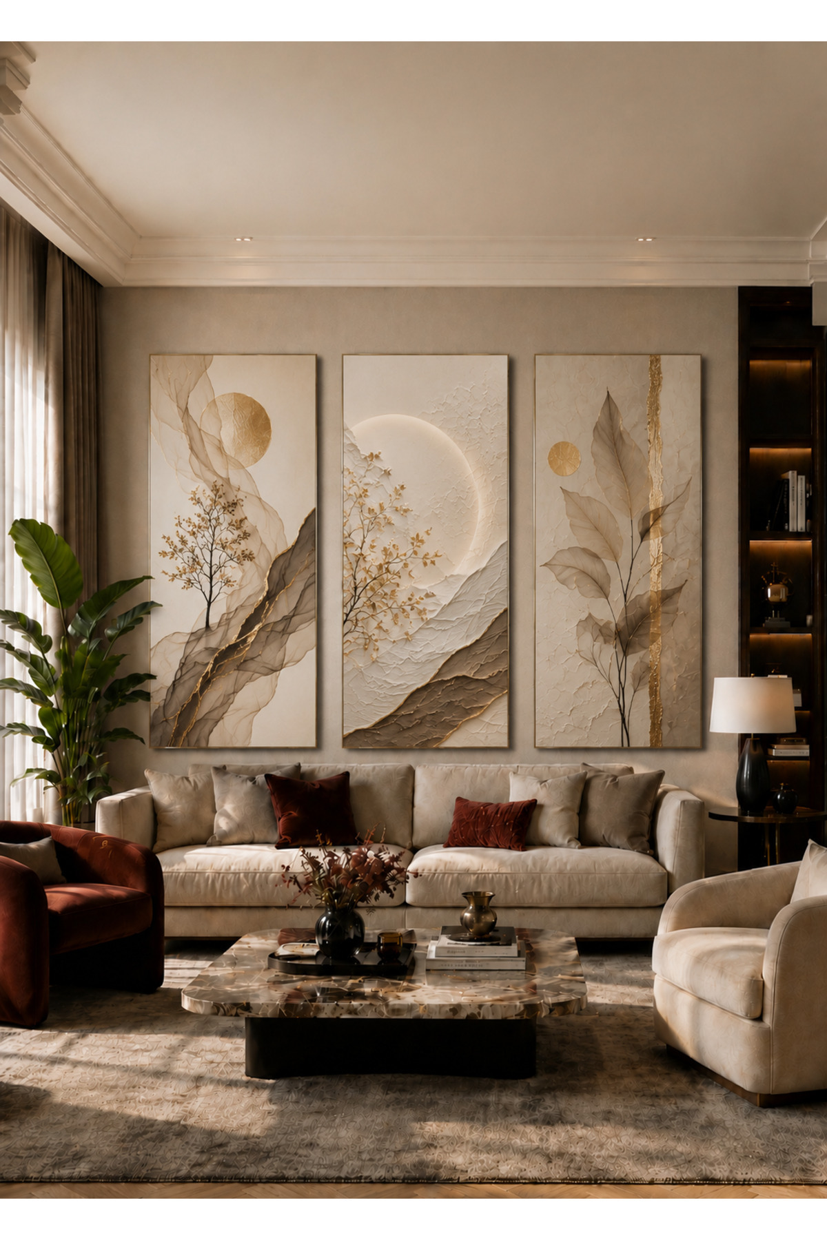 3 Parça MDF Botanik Tablo Seti Minimalist Gold Detaylı Bej Modern Duvar Dekoru Salon Tablosu