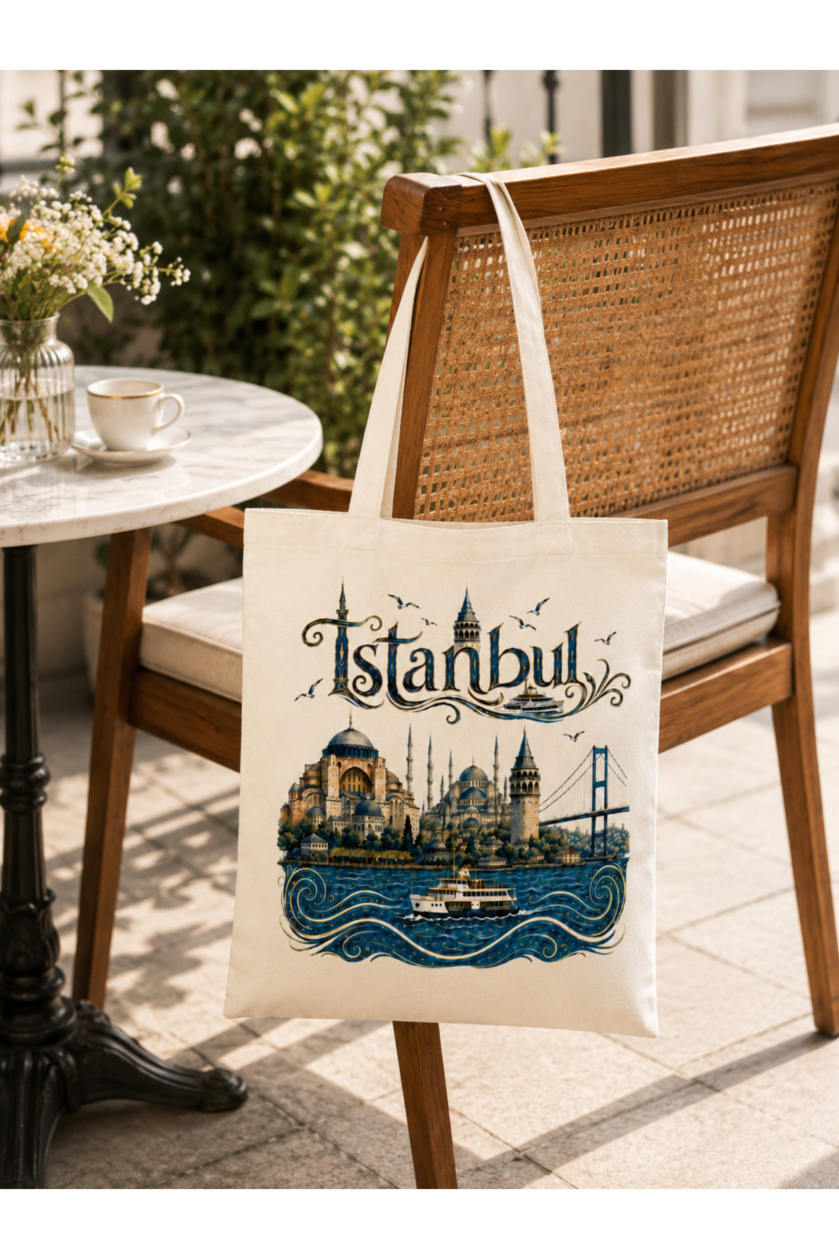 Tomris Hatun İstanbul Temalı, Baskılı Ham Bez Çanta, Omuz Çantası, Alışveriş Çantası görsel 2
