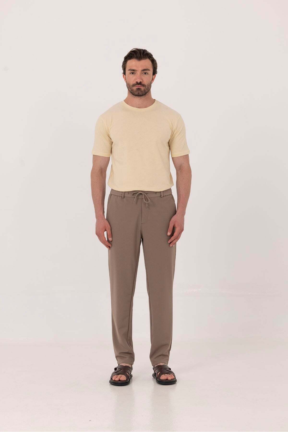 Sabri Özel Vizon Dokulu Arka Lastikli Köprü Kemerli Bağcıklı Slim Fit Jogger Pantolon görsel 2