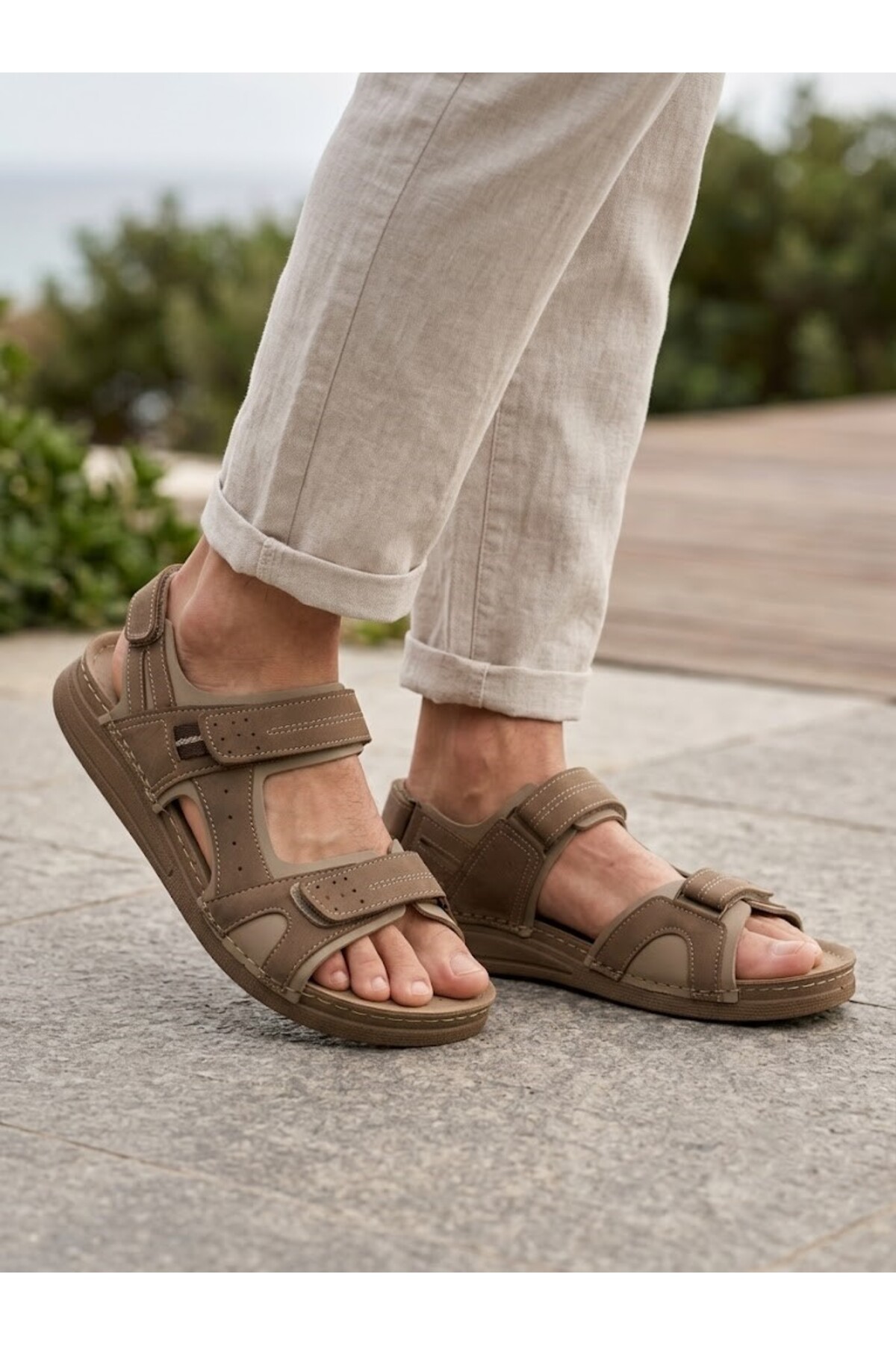 BENTO Titan Comfort Erkek Suni Deri Anatomik Taban Cırt Cırtlı Günlük Sandalet Terlik görsel 3