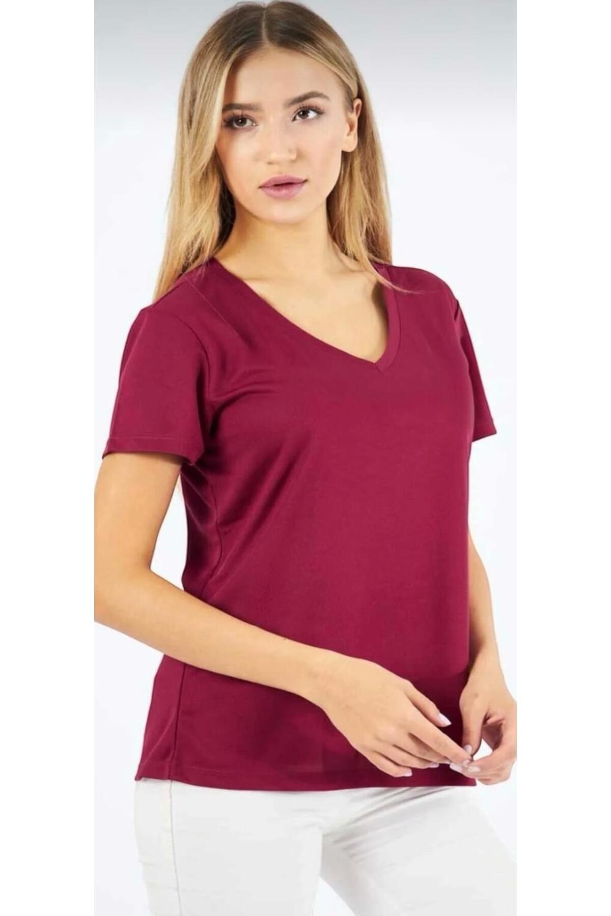 Moda Işık Spor T-shirt V Yaka Düz Bordo Renk görsel 2