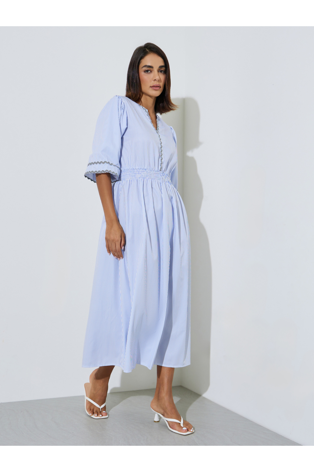 Styli Blue Striped V-Neck Lace Details A-Line Midi Dress