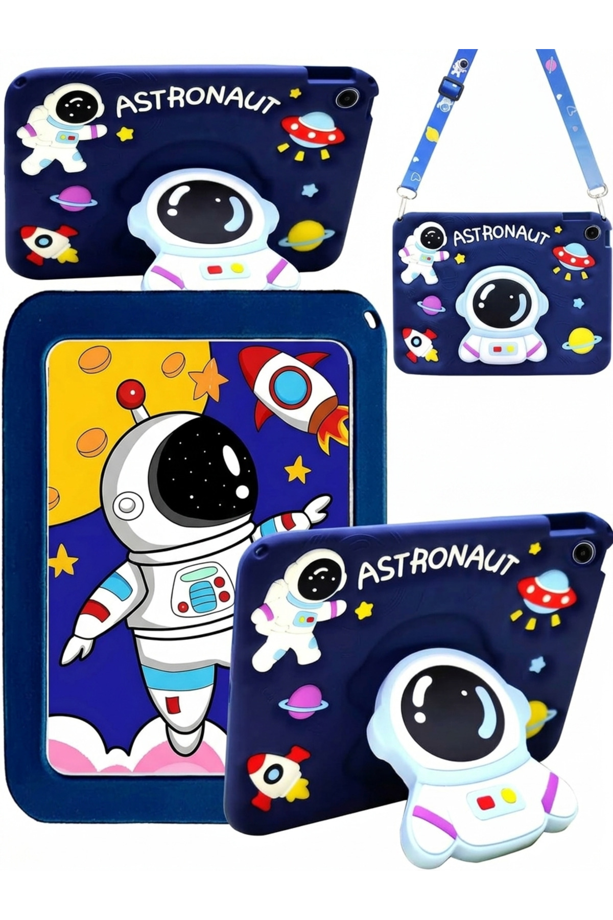 Samsung Galaxy Tab A11+/A11 Plus 11 inç 2025/Galaxy Tab A9+/A9 Plus 2023 İçin Çocuk Tablet Kılıfı Sevimli Astronot/Ayıcık Kabartmalı 3D Silikon Darbe Koruyucu Dayanıklı Stand Ayaklı Omuz Askılı