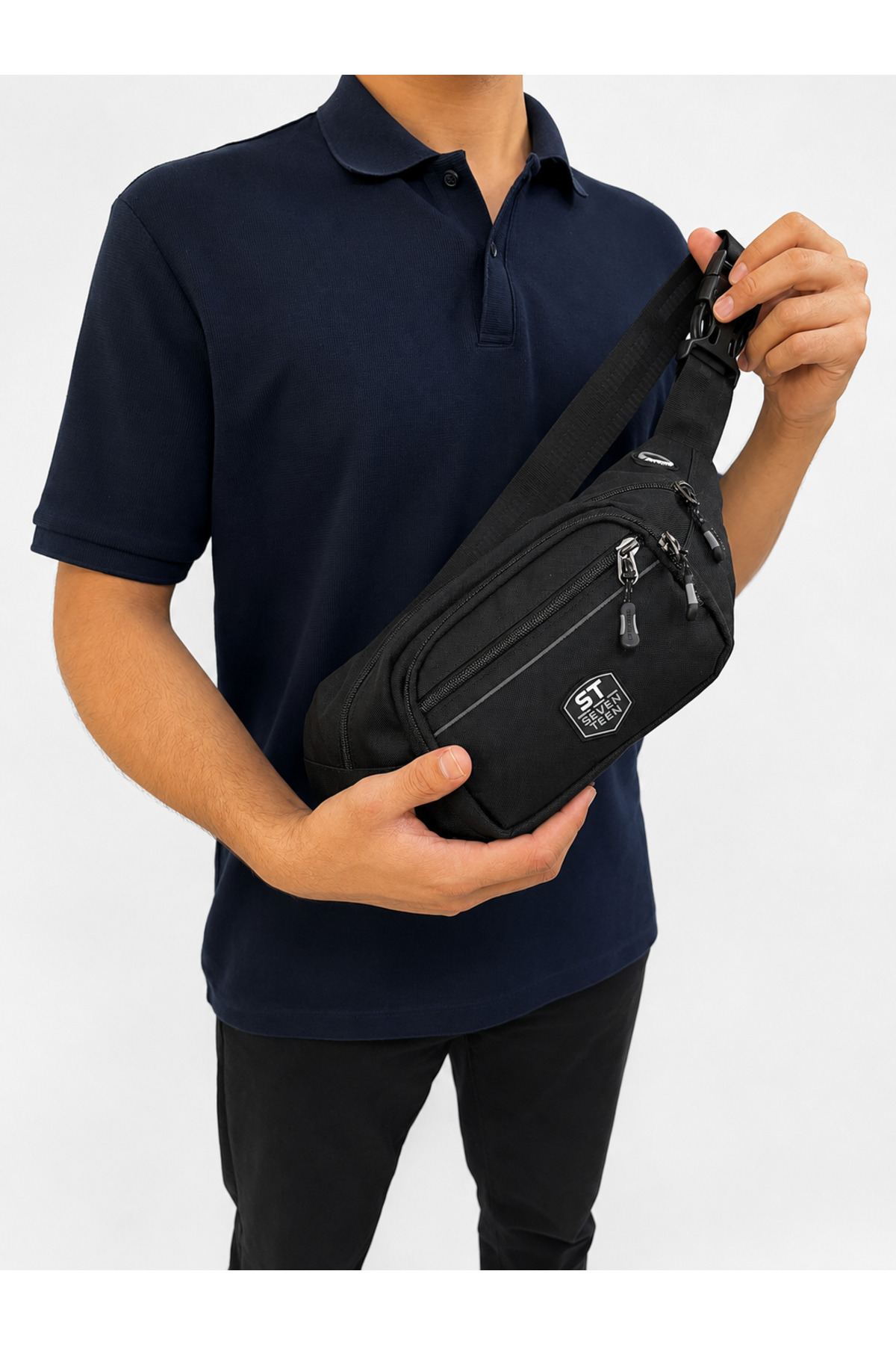 Sanmorris SEVENTEEN Unisex Çok Bölmeli Ayarlanabilir Bel Ve Omuz Çantası SİYAH-GRİ görsel 6
