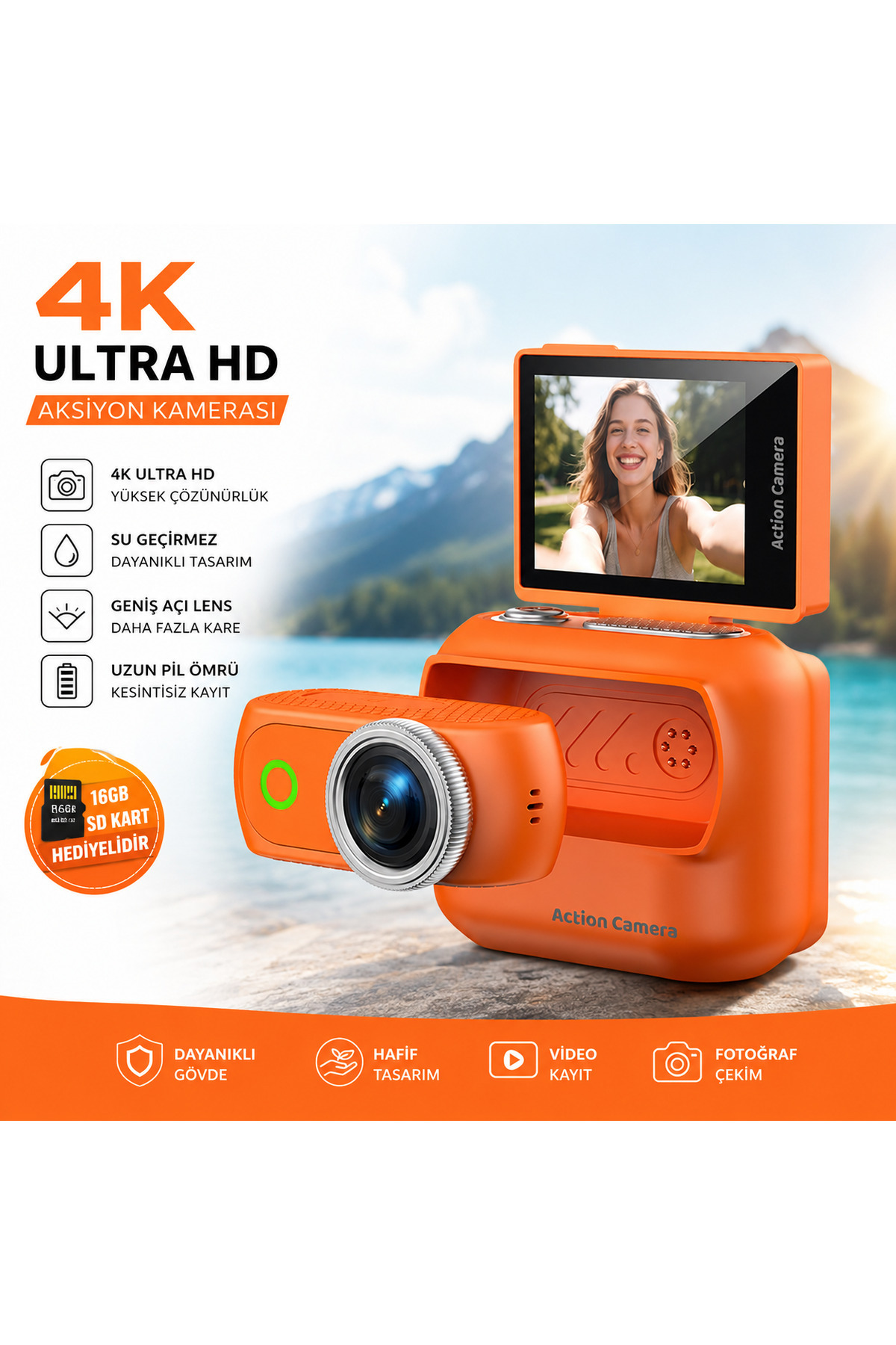 KAZEMTECH 4K Aksiyon Kamerası 360° Flip Ekranlı Sd Kart Hediyeli Manyetik Aparat Geniş Açı Taşınabilir Vlog Seyahat Kamerası
