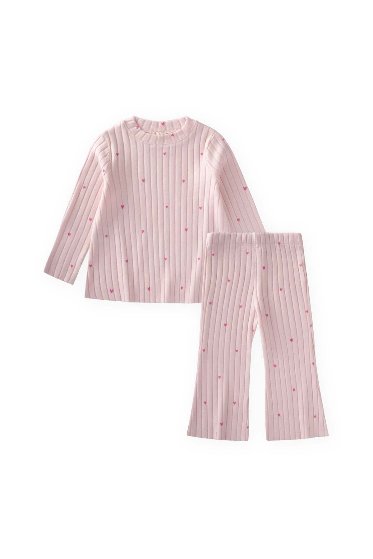 Cigit Patterned Ribbed Pajama Set 1-7 Years Powder Pink