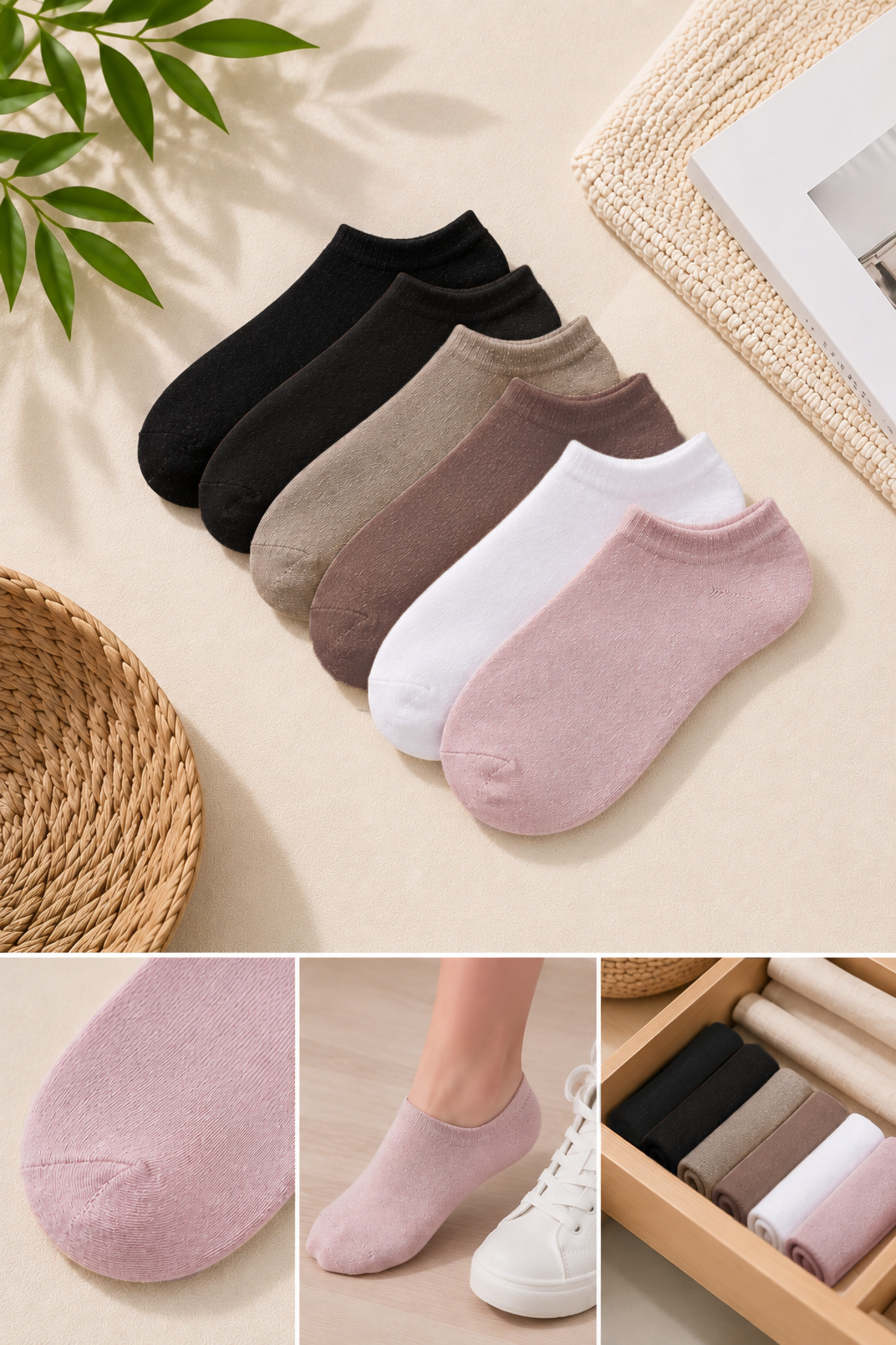 BELİNOPLUS Kadınlar İçin 6 Lı Paket Nefes Alan Terletmez Bambu Karışık Renk Patik Çorap görsel 2