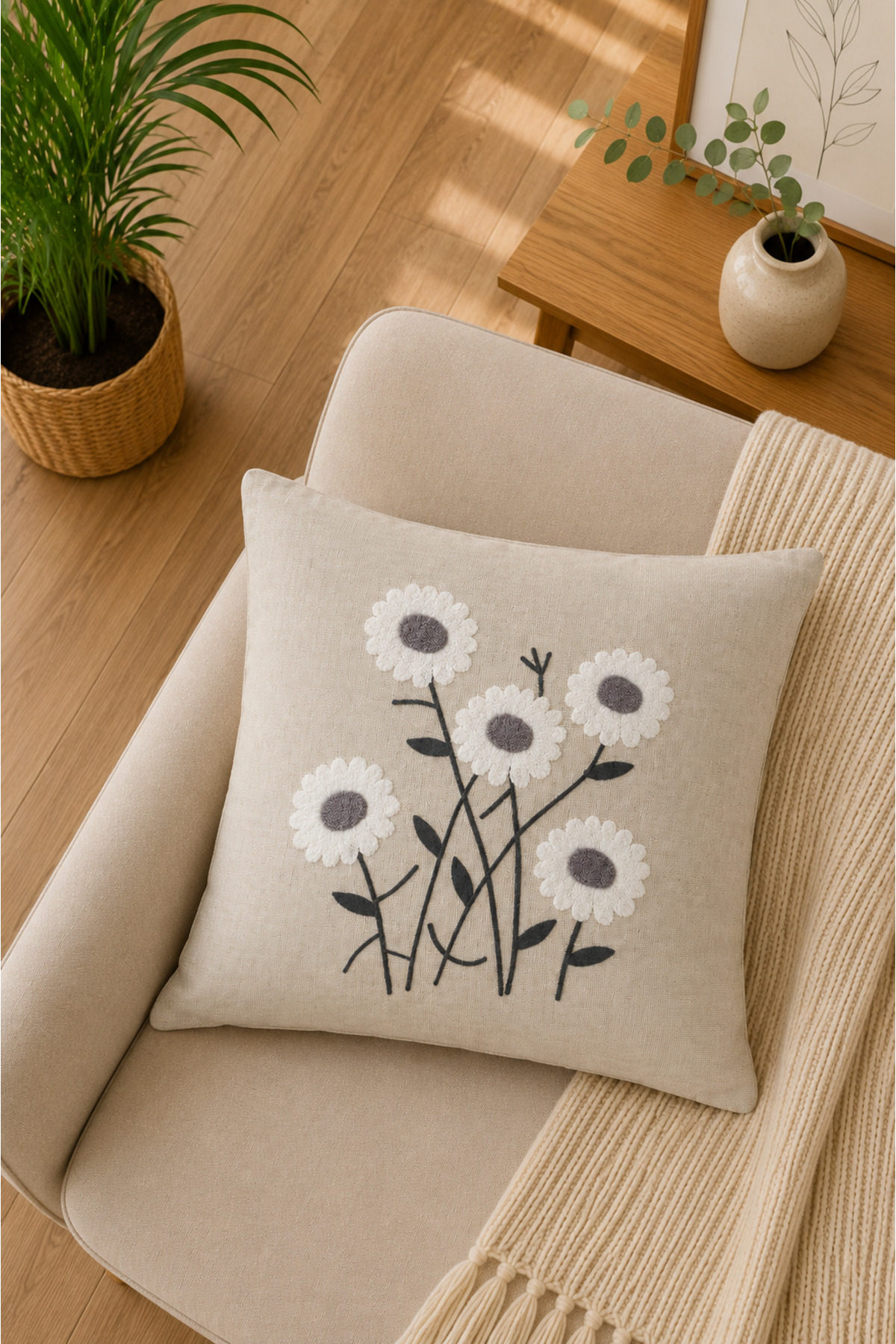 Dekoratif Punch Kırlent Kılıfı Keten Kumaş Gizli Fermuarlı 43x43