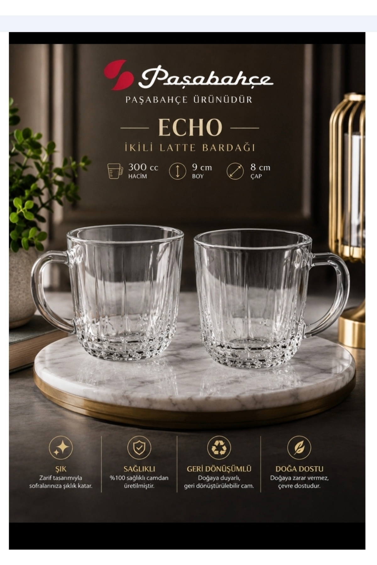 ماگ چای شیشه‌ای ECHO 2 لیتر Latte با کیفیت جدید 300 سی‌سی، ارتفاع 9 سانتی‌متر و قطر 8 سانتی‌متر، محصولی شیک