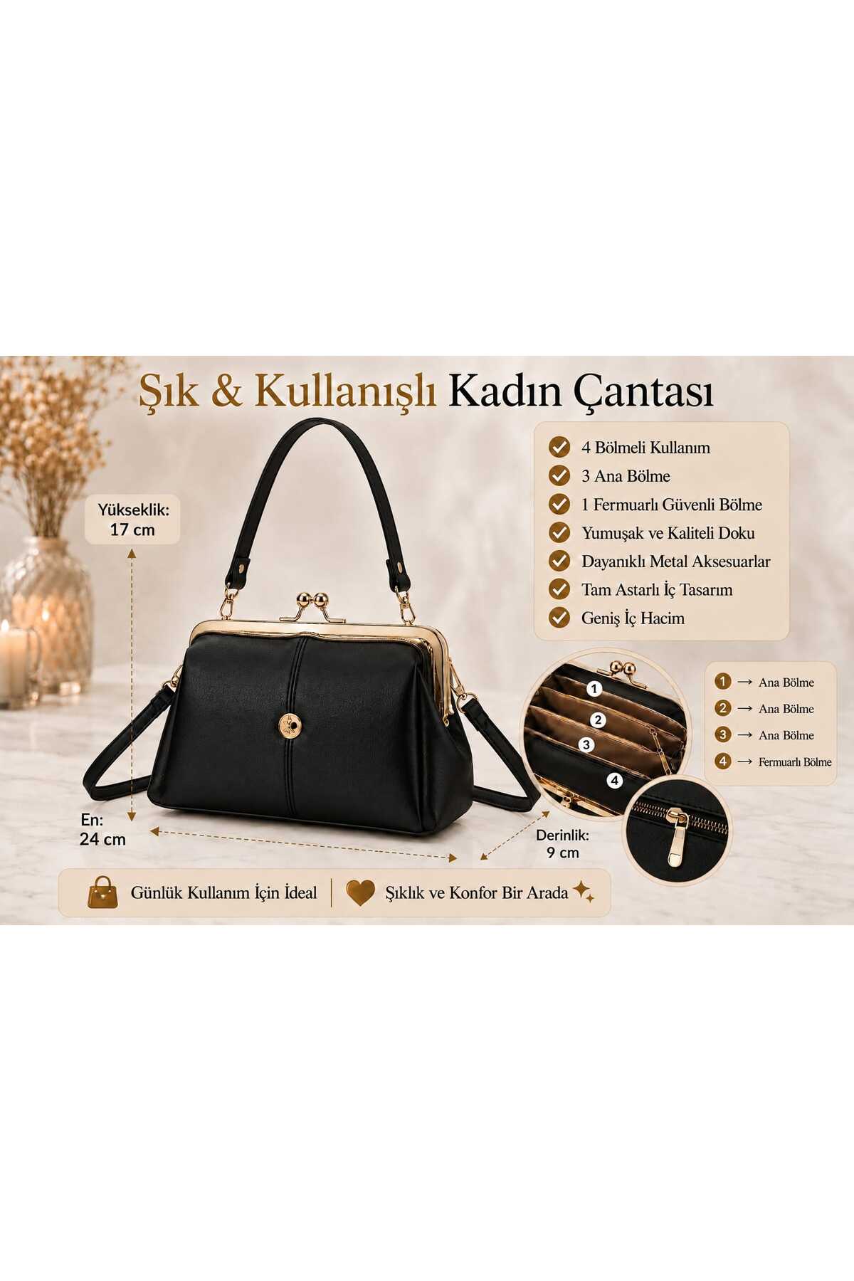 zemihra Kadın Burslu 4 Bölmeli El Çantası Yumuşak Dokulu Gold Klipsli Ayarlanabilir Askılı Günlük Omuz Çantası görsel 2