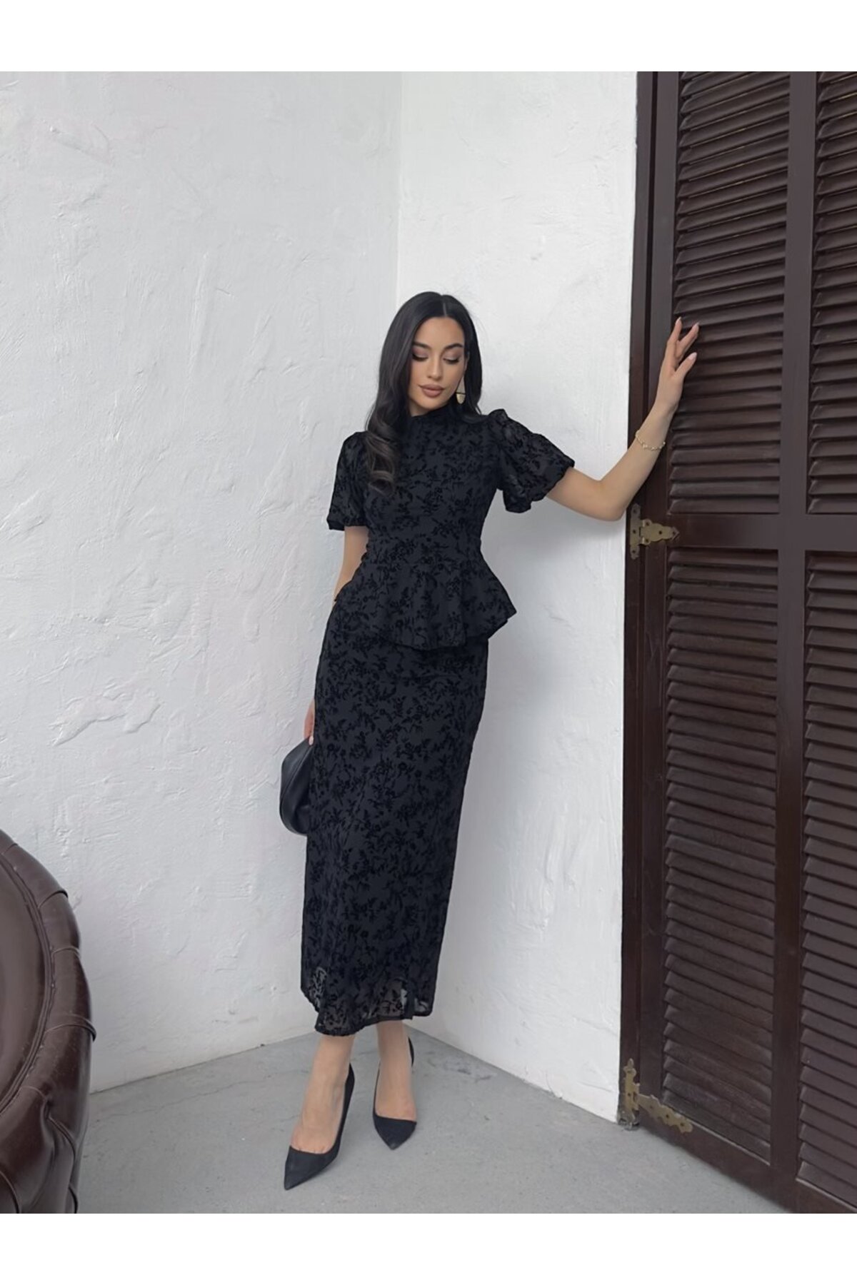Clothes Fast Kadın BLACK - SİYAH Midi Elbise Dik Yaka Balon Kol Volanlı Çiçek Desenli Şifon görsel 5