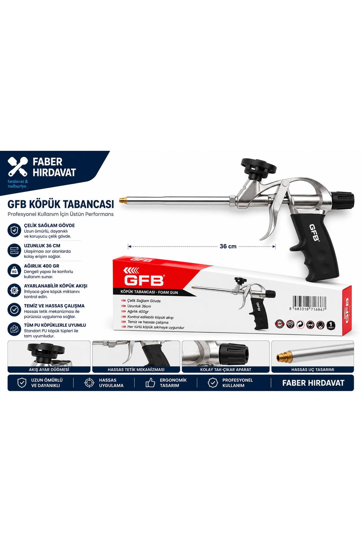 GFB Poliüretan Köpük Tabancası Çatı İzolasyon Boşluk Doldurma Yalıtım Uygulama Kontrol (uzunluk:36 cm ağırlık:400 gr)