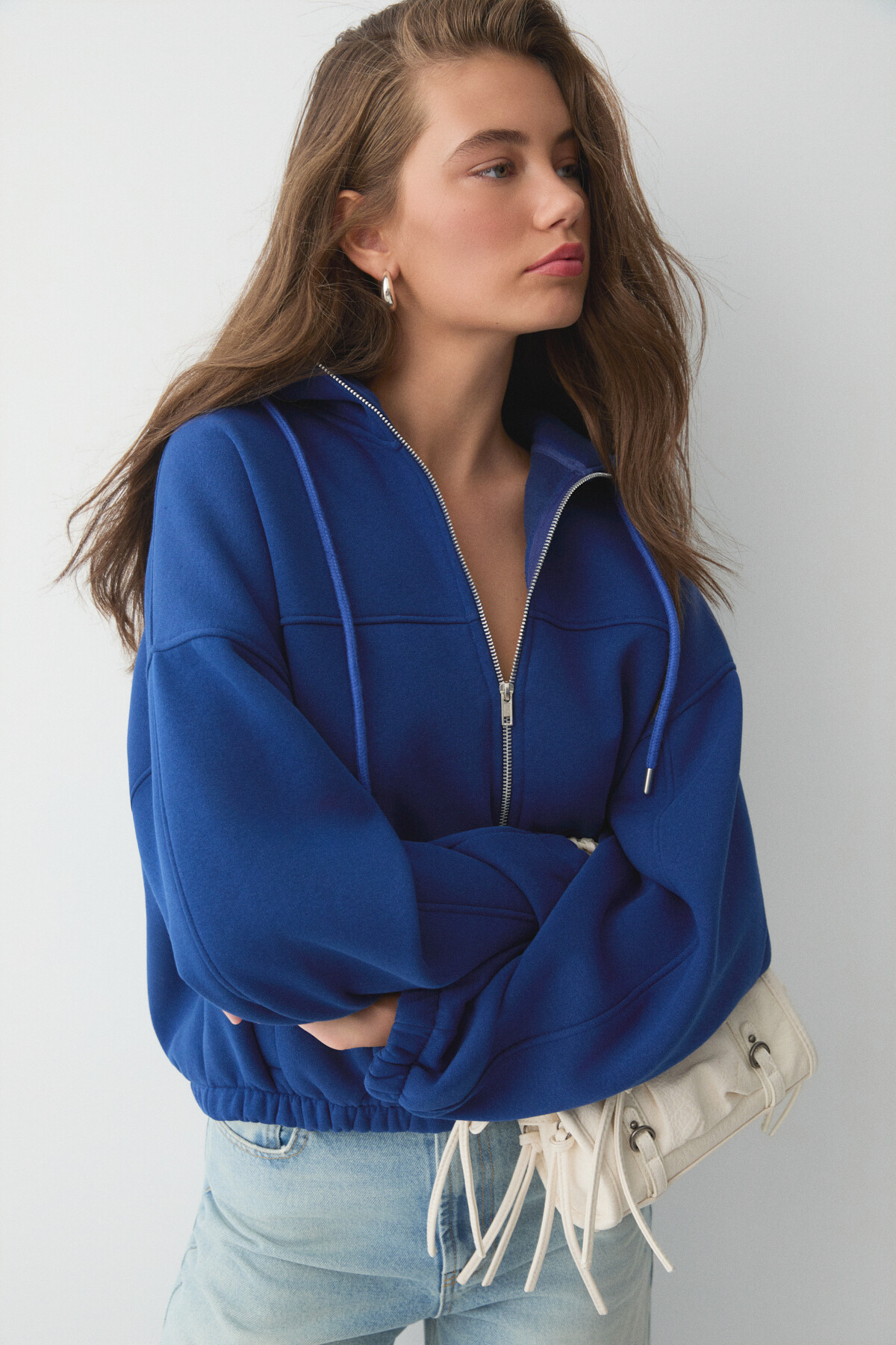 ETHIQUET VALIT Kadın Çift Cepli Eteği Ve Kol Ucu Lastikli Fermuarlı Oversize Saks Mavi Sweatshirt görsel 2