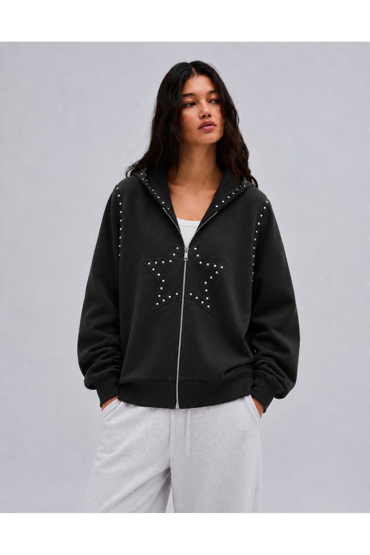 Genel Markalar Kadın Kapüşonlu Fermuarlı Yıldız Detaylı Oversize Hoodie Hırka